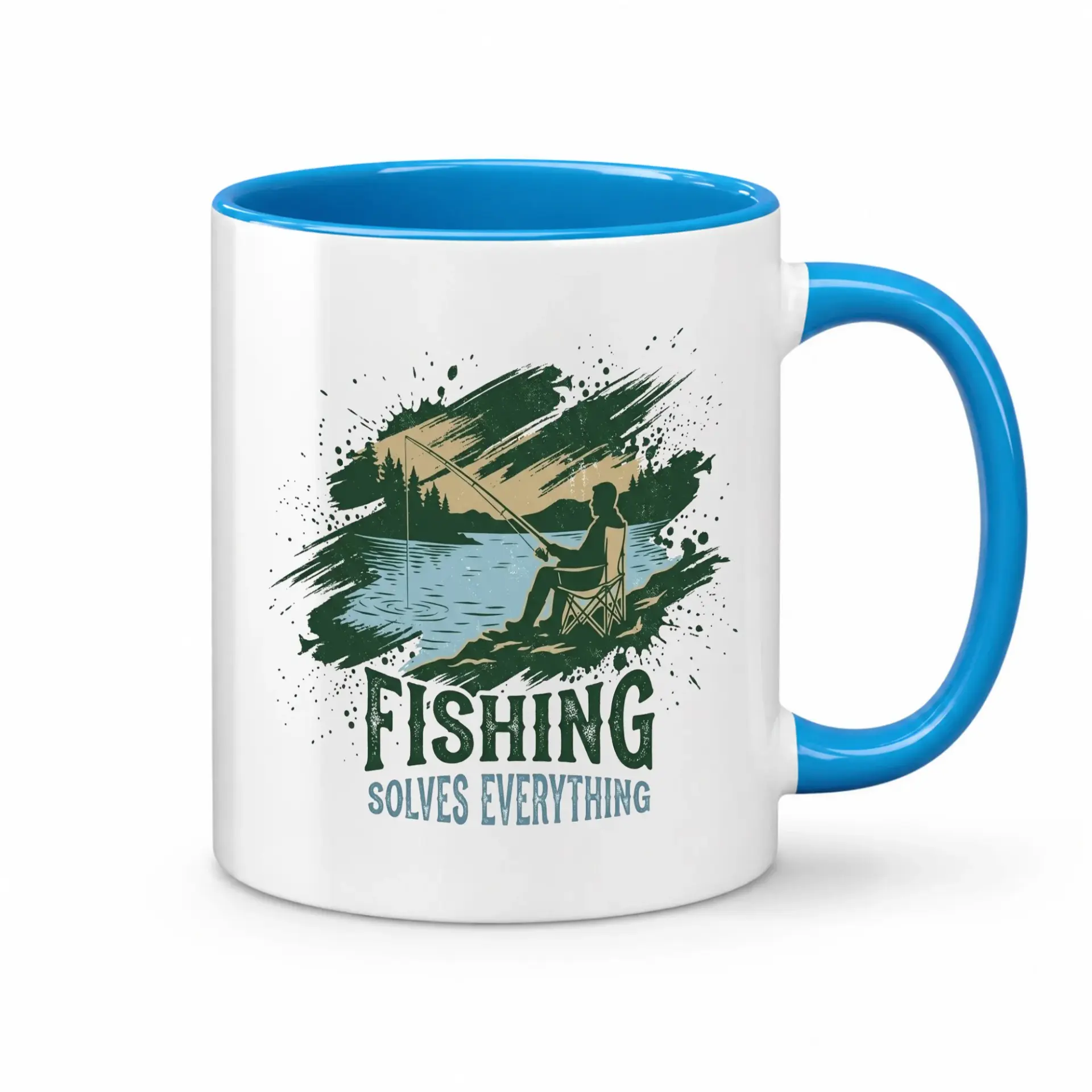 Funny Fishing Solves Everything Ceramic Coffee Mug Outdoors Enthusiast Two Beverage Cup for Home Office Use
