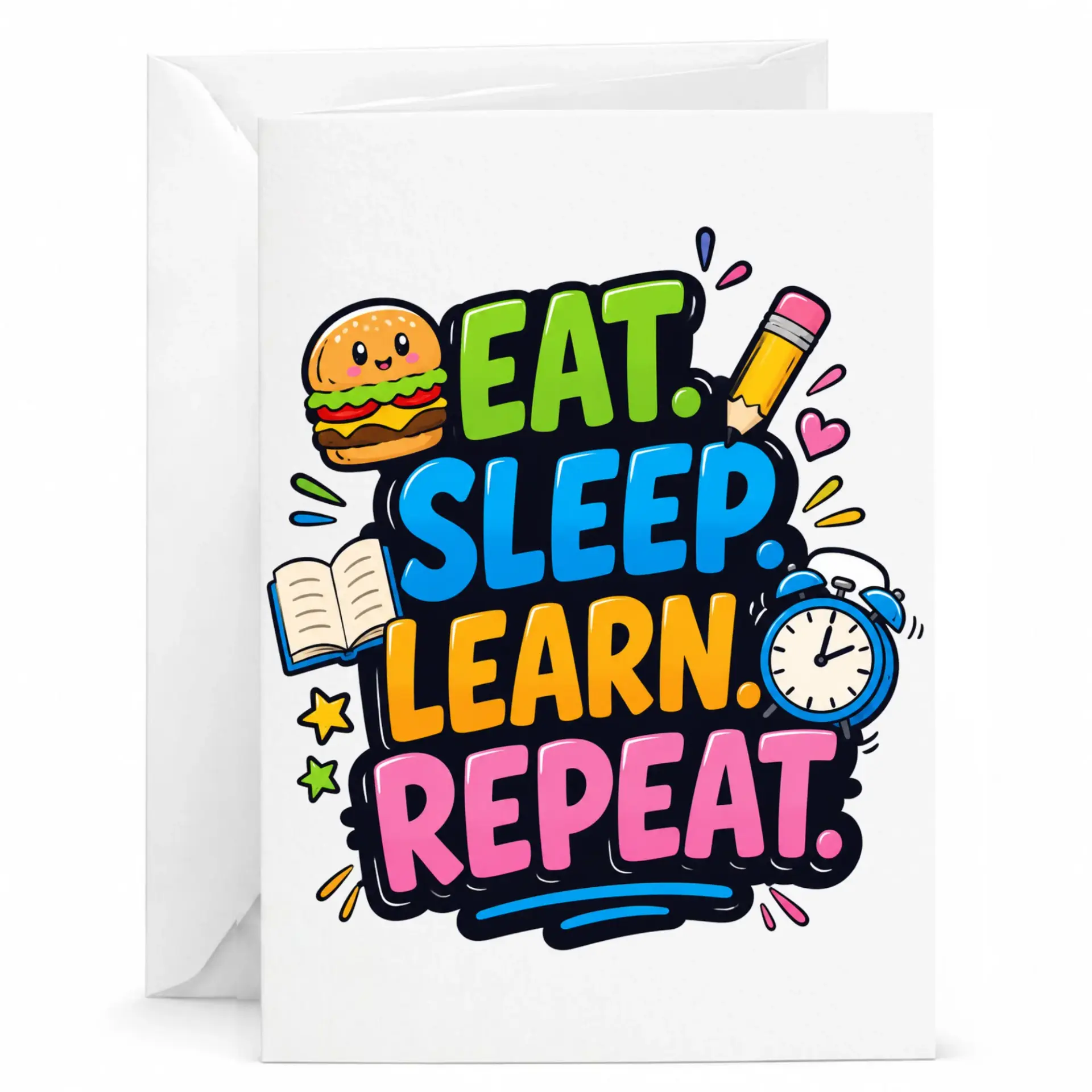 Funny Greeting Card Eat Learn Repeat Academic Theme Illustrated Stationery for Encouragement and