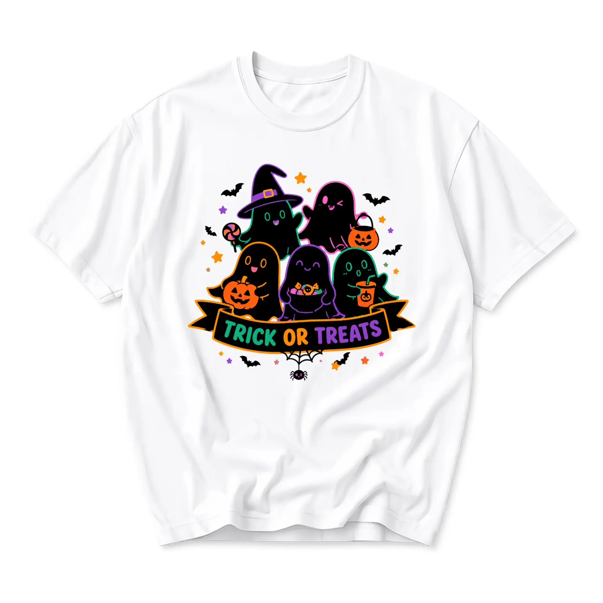 Funny Shirt Trick or Treats Ghost Graphic Tee Halloween Inspired Unisex Short Sleeve Crew Neck Casual Cotton Top