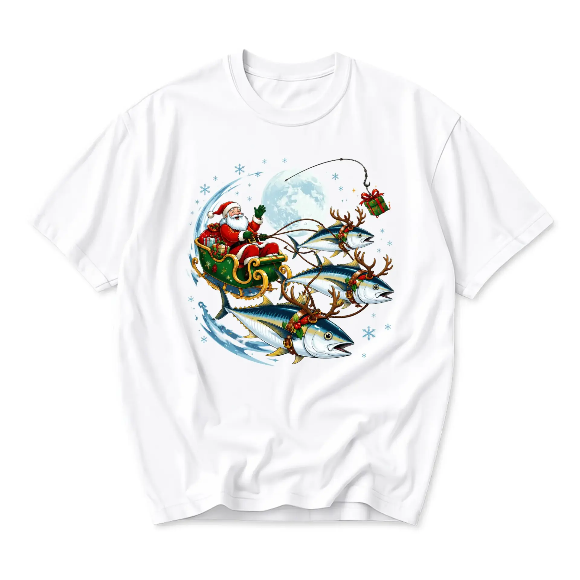 Funny Shirt Santa Sleigh Pulled by Fish Graphic Tee Christmas Fishing Lover Holiday Unisex Crew Neck T-Shirt