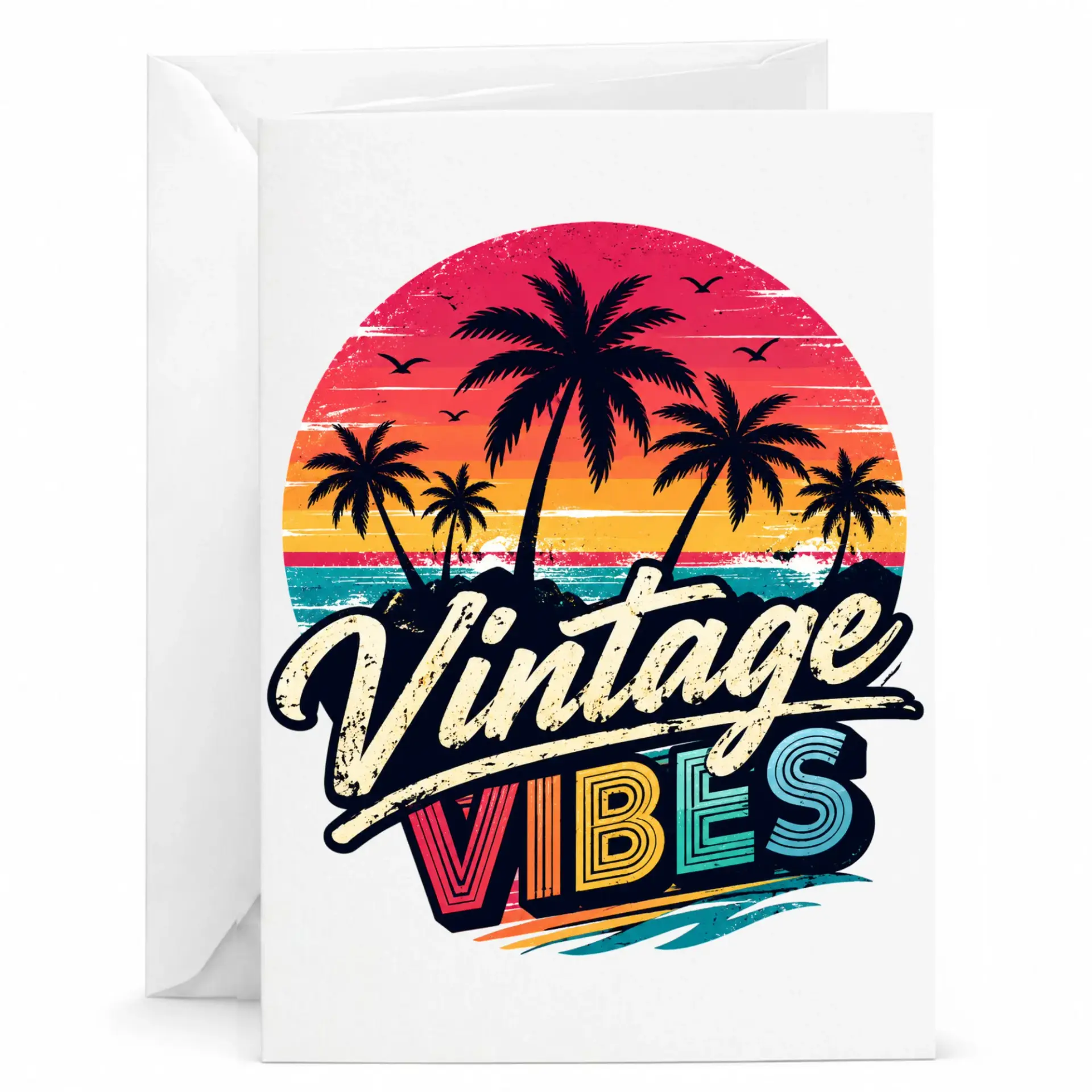 Vintage Vibes Tropical Sunset Greeting Card with Envelope, Retro 80s Style Palm Tree Illustration for Special Occasions