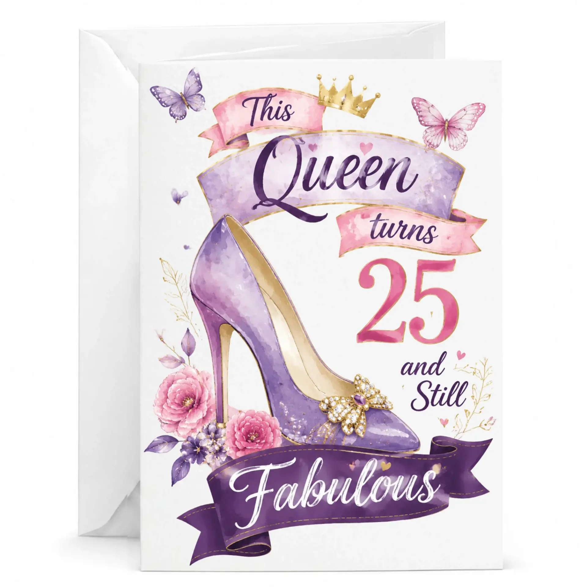 Birthday Card for 25th Birthday Floral Purple Stiletto Heel Design Professional Greeting Card with Matching Envelope
