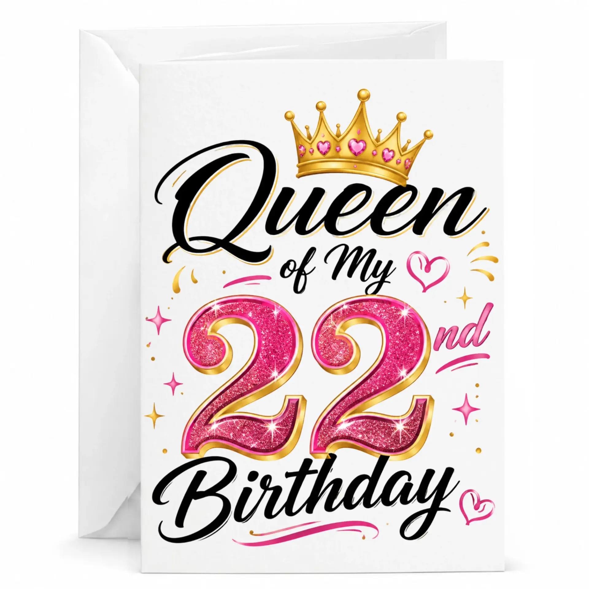 Birthday Card Queen of My 22nd Birthday, Elegant Gold Crown and Pink Glitter Number Design Greeting Card for Her