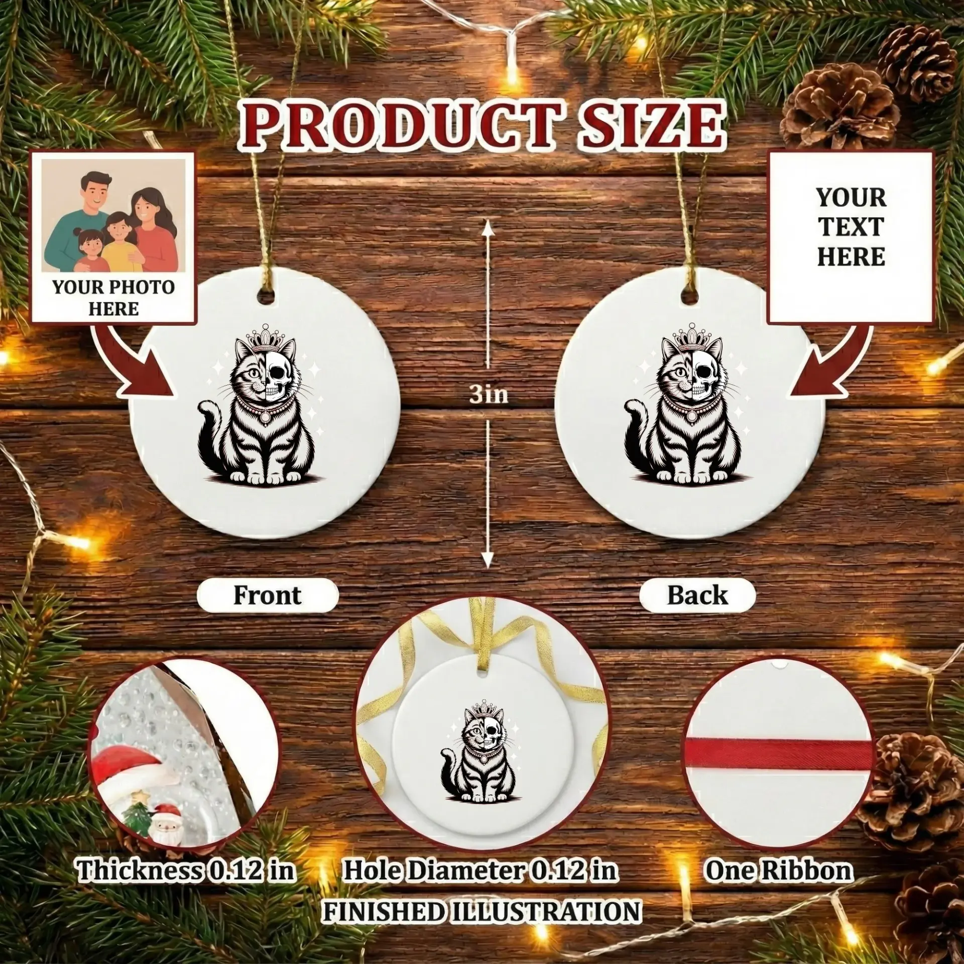 Christmas Ornament Ceramic Cat Queen Skull Design Decorative Holiday Hanging Keepsake Round White Glossy Gift