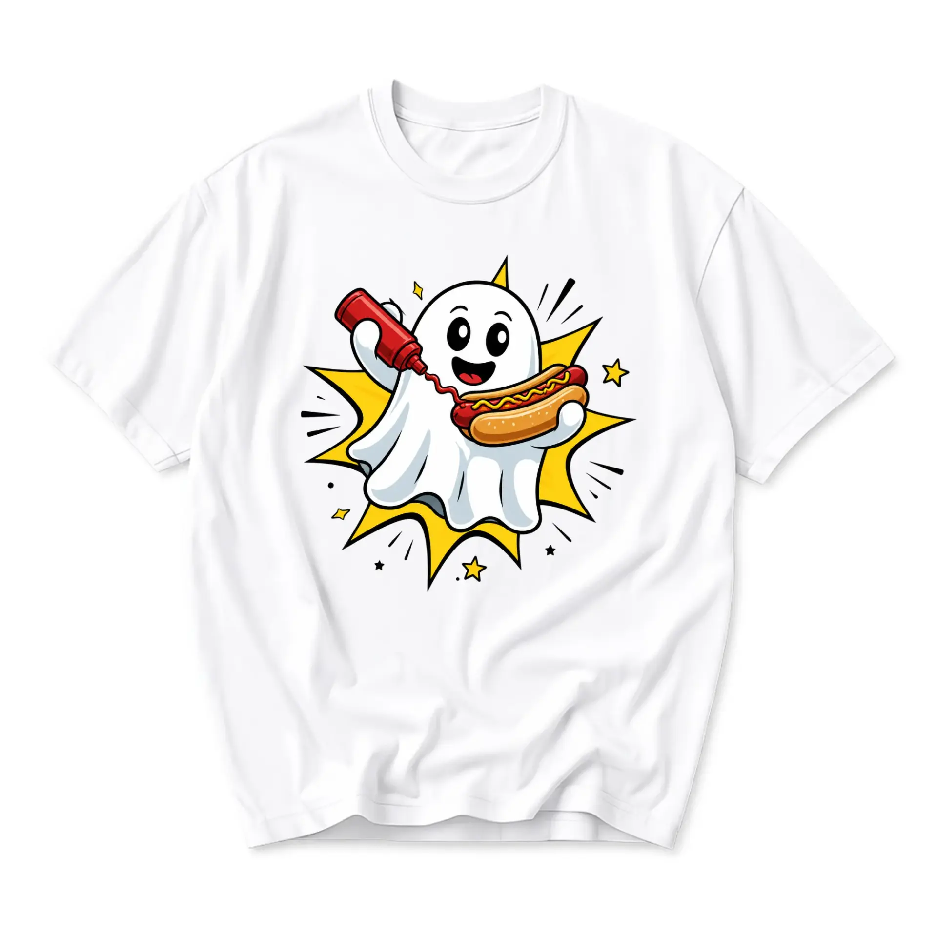 Funny Shirt Featuring a Cute Cartoon Ghost Eating a Hot Dog with Ketchup Graphic Design Unisex Crew Neck Tee