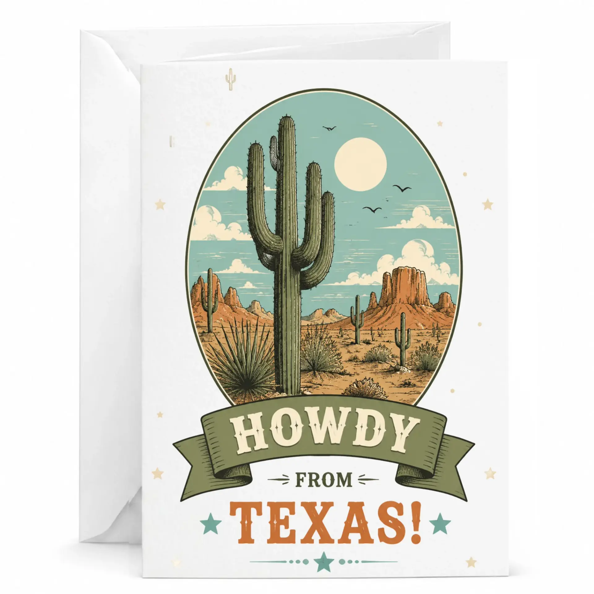 Greeting Card Howdy from Texas Desert Landscape Western Illustration Decorative Stationery for Any Occasion 5x7 Inch Folded