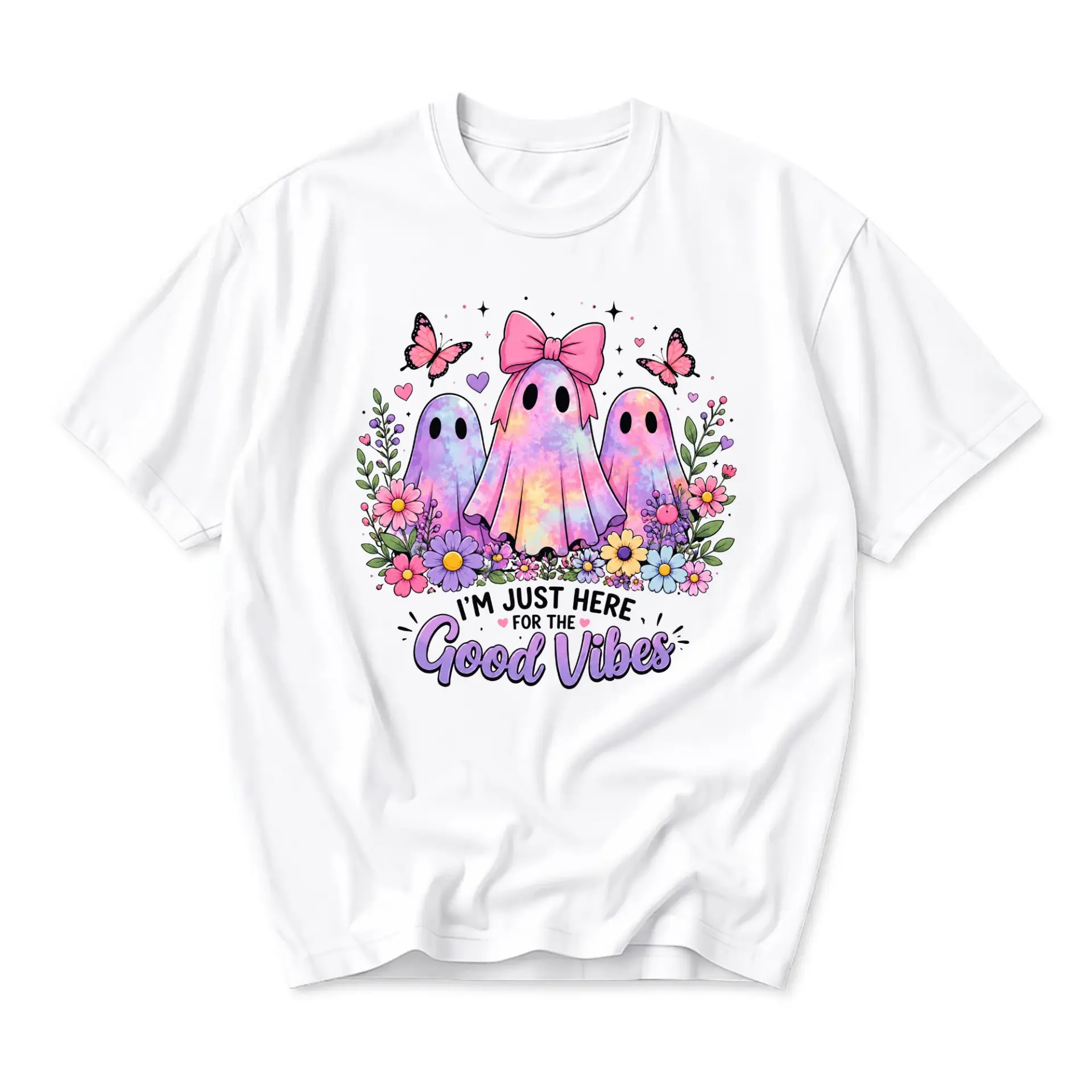 Graphic Tee Good Vibes Ghost Shirt Cute Spooky Pastel Aesthetic Unisex Crew Neck Short Sleeve Casual Fashion Apparel