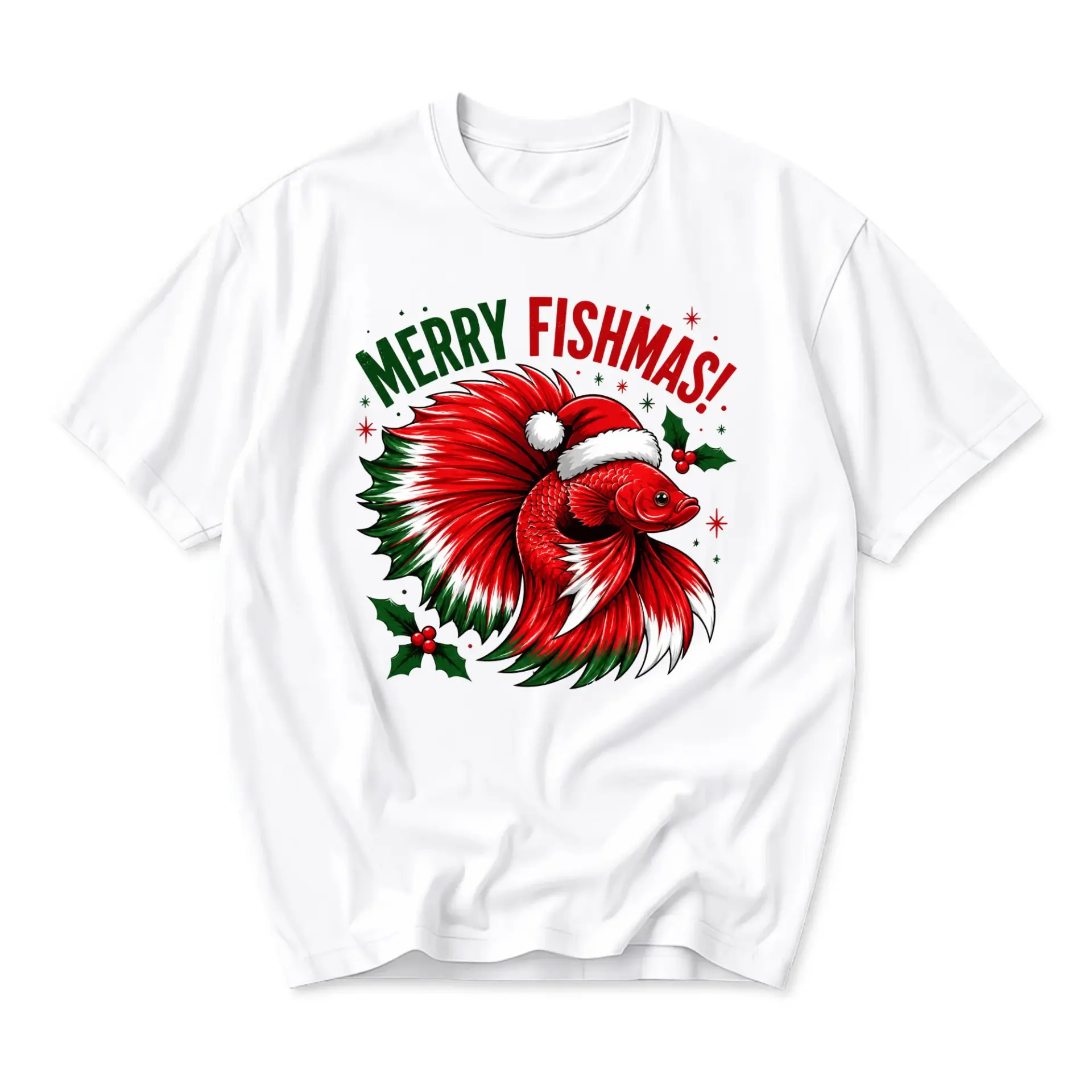 Funny Shirt Merry Fishmas Holiday Graphic Tee Casual Unisex Short Sleeve Crew Neck Cotton Blend Top for