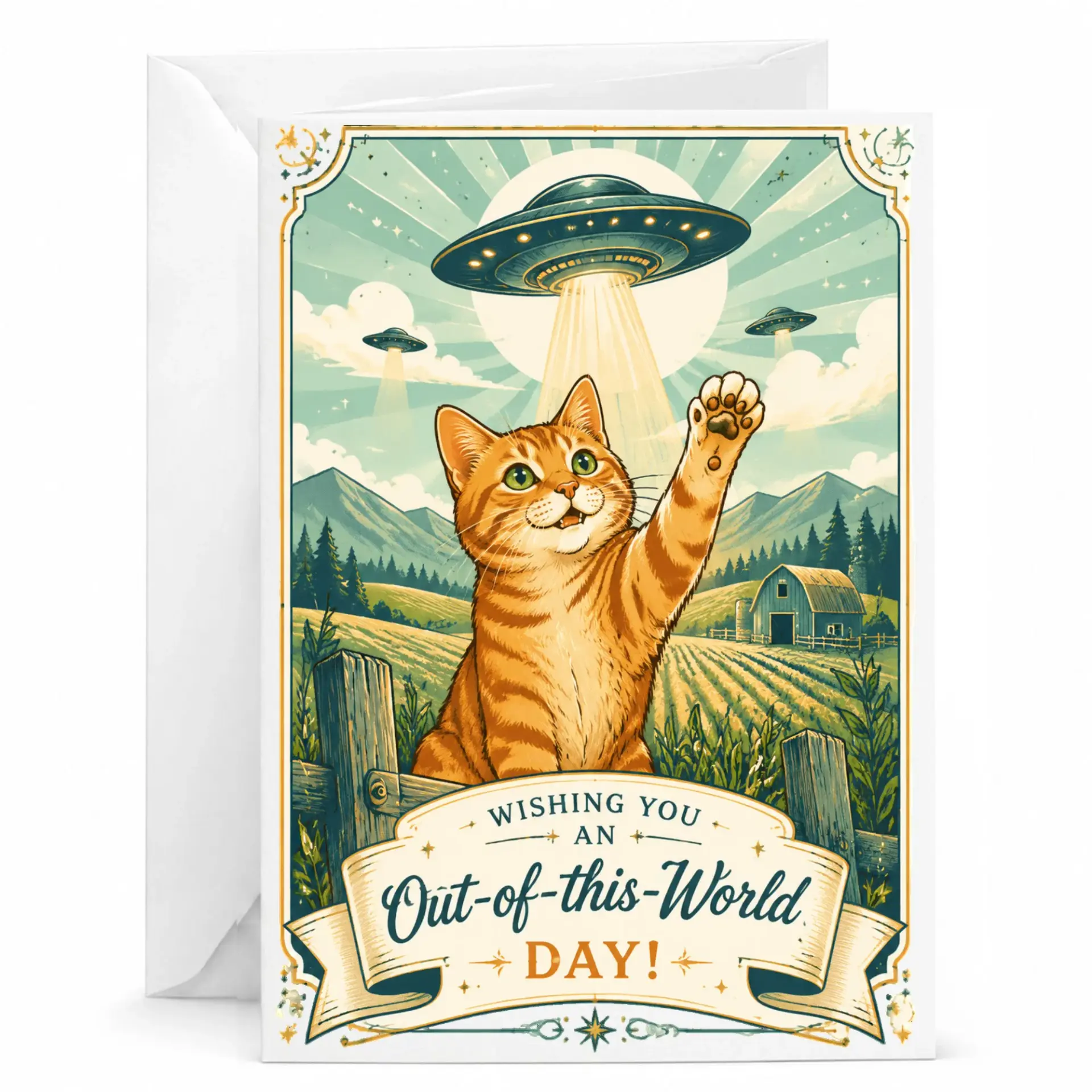 Funny Cat Greeting Card Out of This World Day Whimsical Themed Illustration for Birthday and