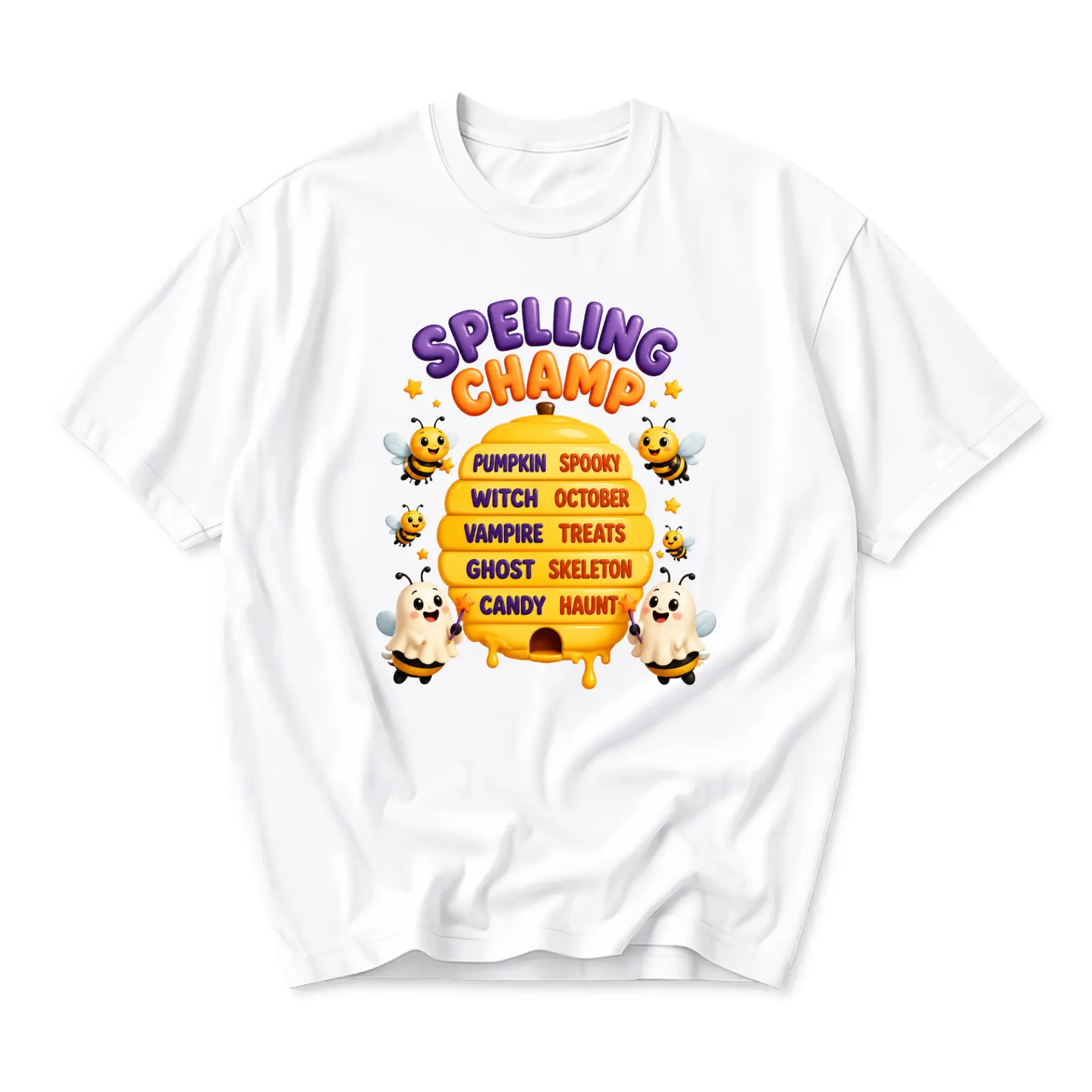 Funny Shirt Spelling Champ Bees Graphic Tee Unisex Crew Neck Casual Cotton Blend Short Sleeve Halloween Theme Top