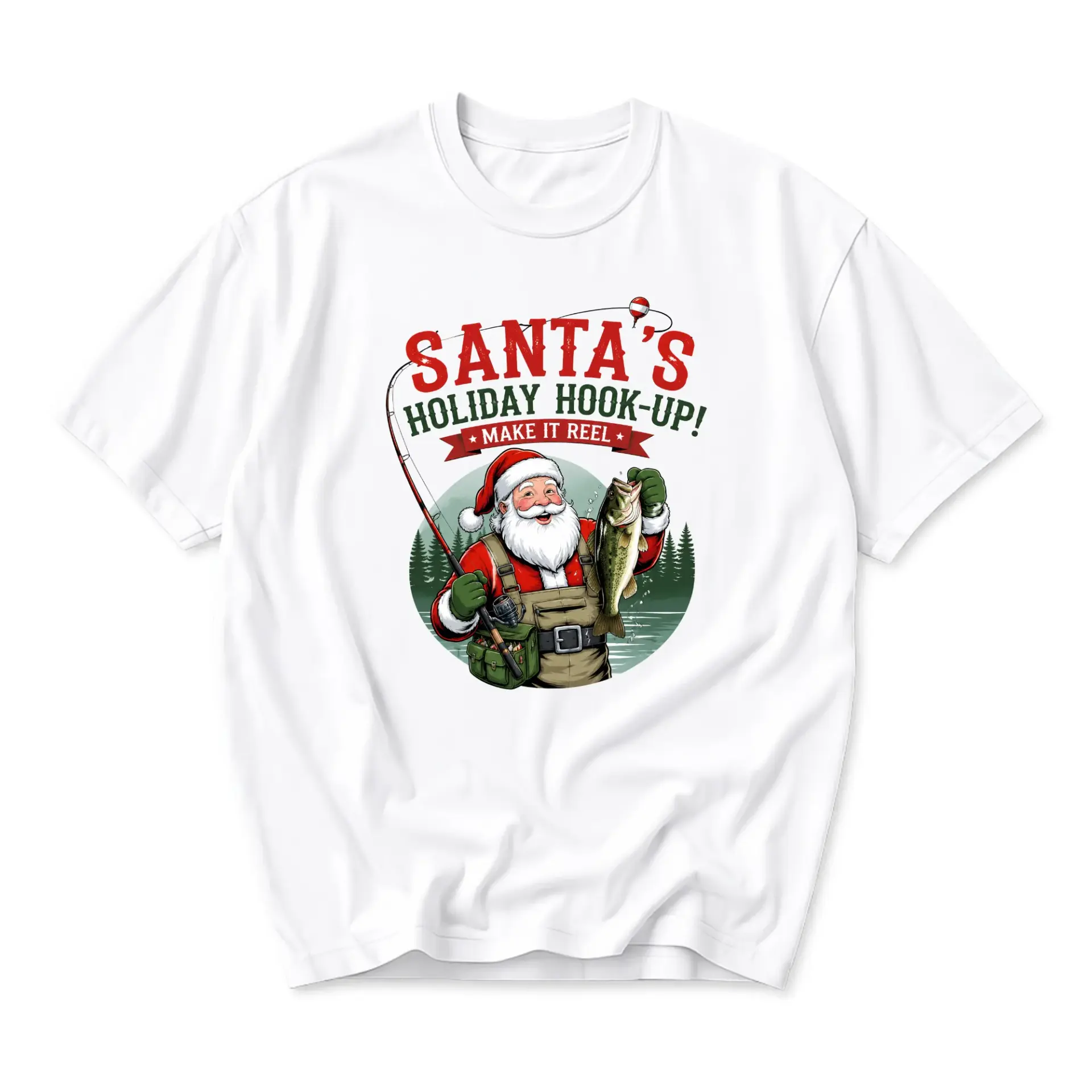 Funny Shirt Santa Fishing Holiday Graphic Tee Unisex Crew Neck Comfortable
