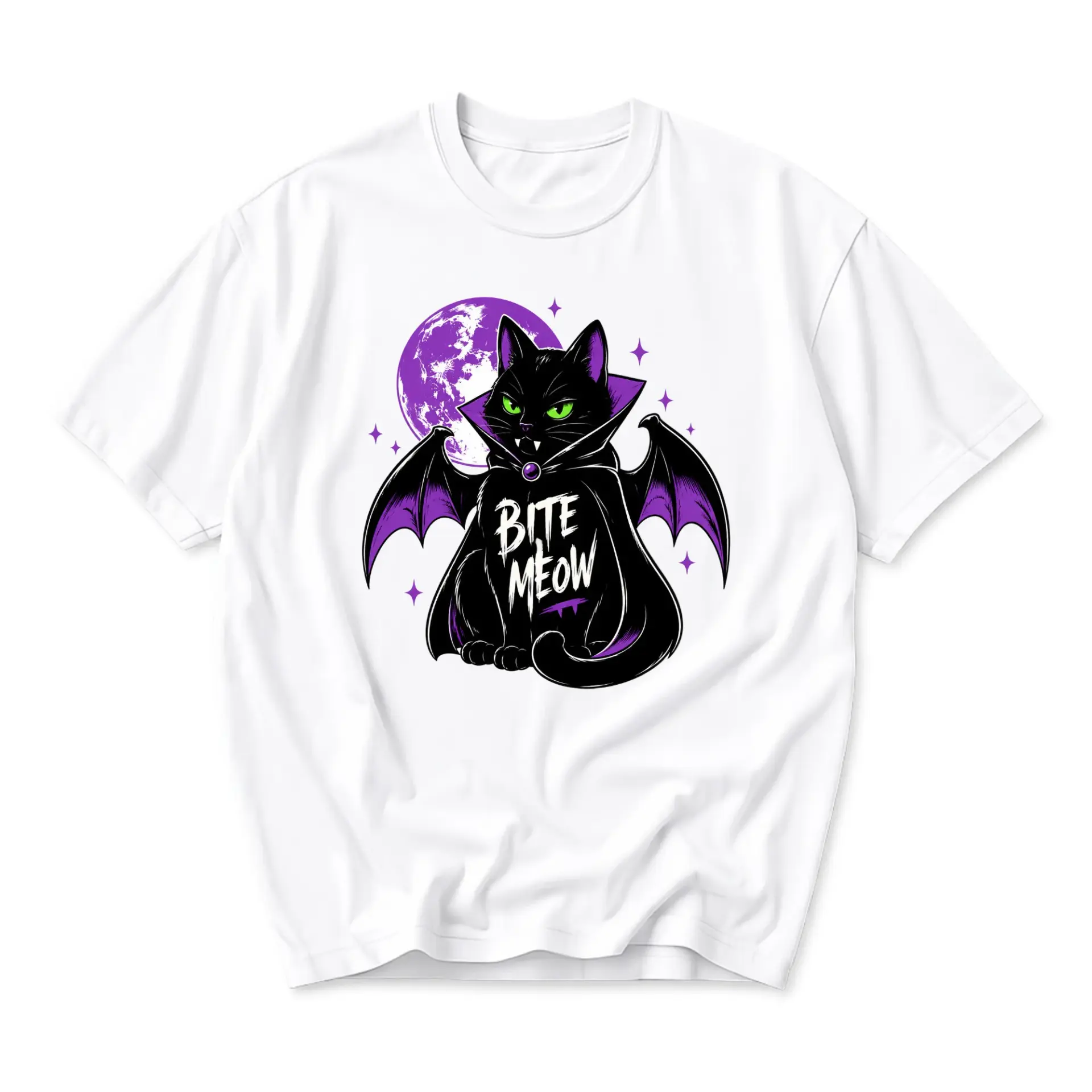 Funny Shirt Bite Meow Black Cat Vampire Graphic Tee Unisex Crew Neck Casual Cotton Blend Short Sleeve Apparel White