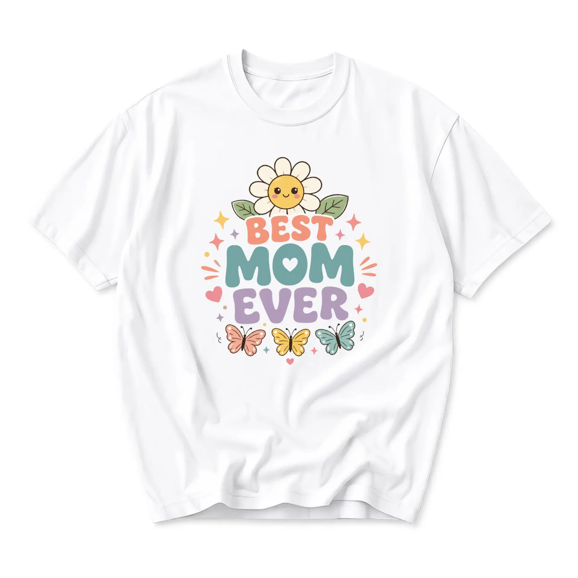 Funny Shirt Best Mom Ever Graphic Tee Aesthetic Floral Butterfly Print Casual Short Sleeve Unisex Crew Neck Apparel