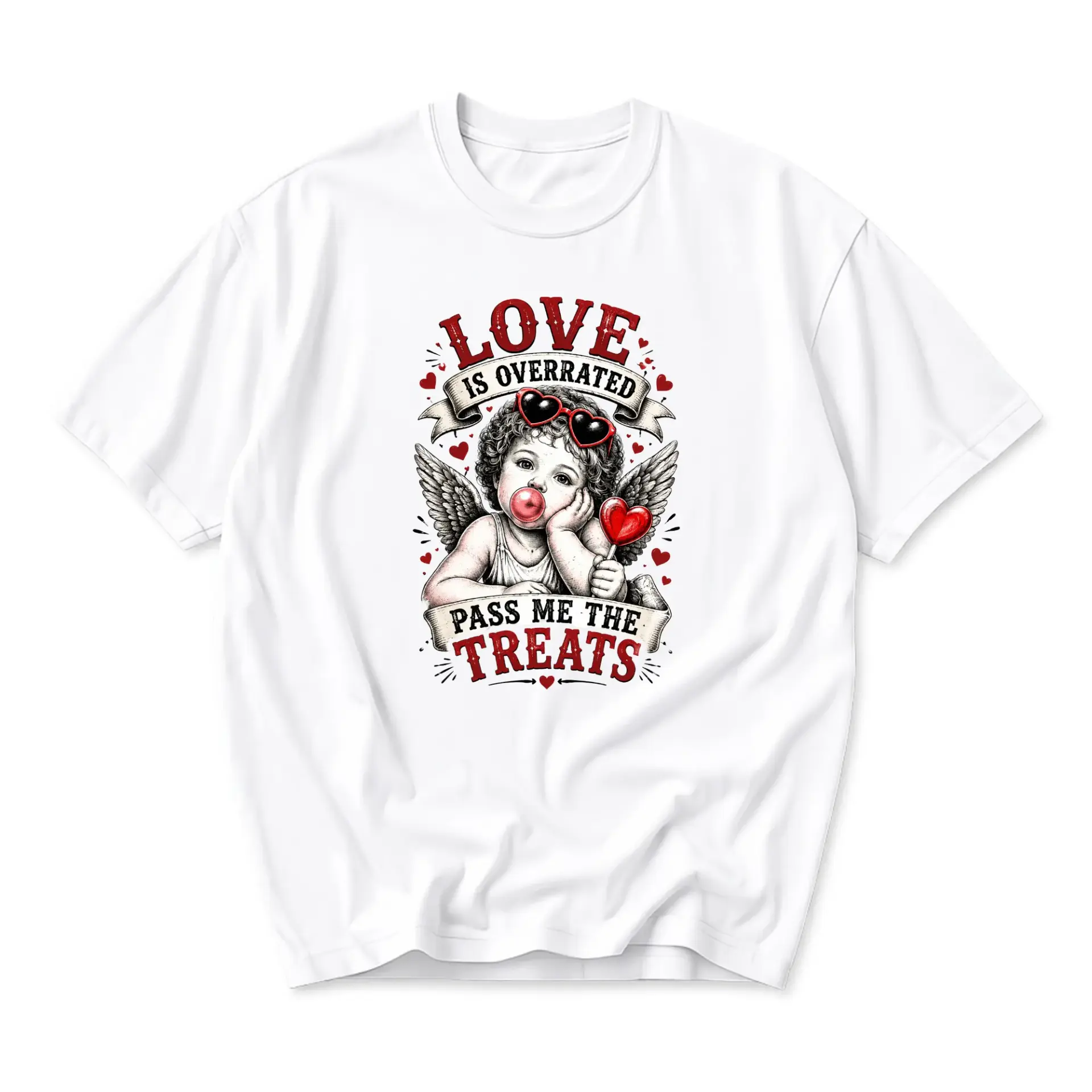 Funny Shirt Love Is Overrated Pass Me the Treats Graphic Tee Unisex Crew Neck Casual Cotton Blend Short Sleeve Top