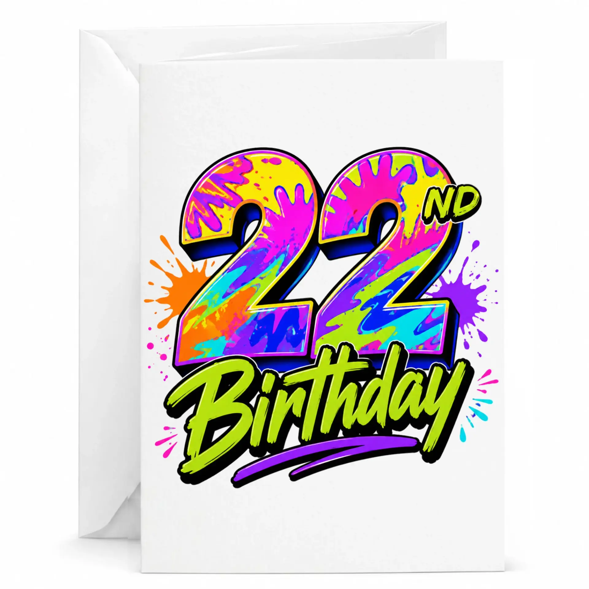 Birthday Card 22nd Birthday Vibrant Splatter Paint Design Custom Greeting Card for Twenty-Second Birthday Celebration
