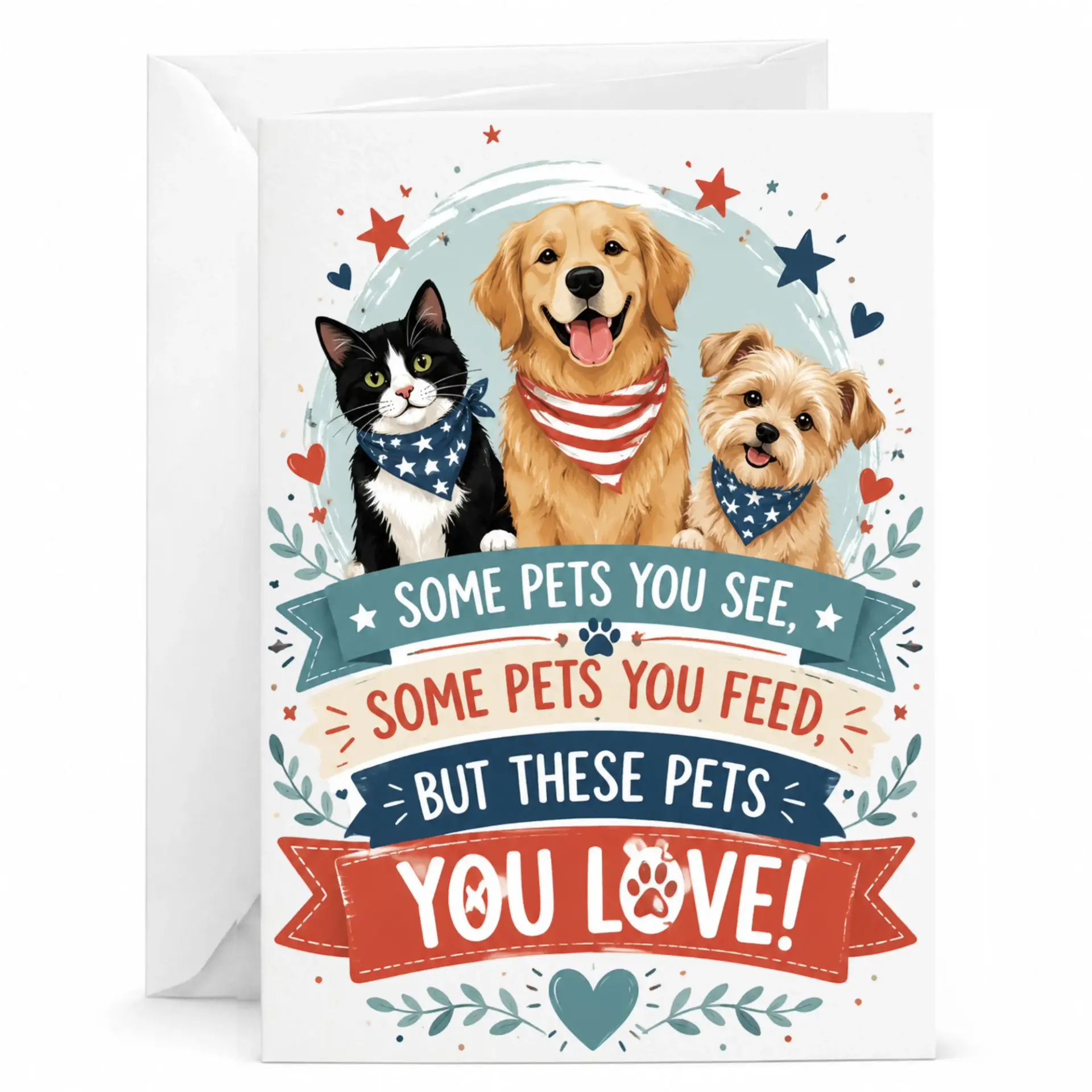 Greeting Card with Patriotic Pets Design Featuring Cute Dog and Cat Artwork for Heartfelt Personal Messages and Gifting