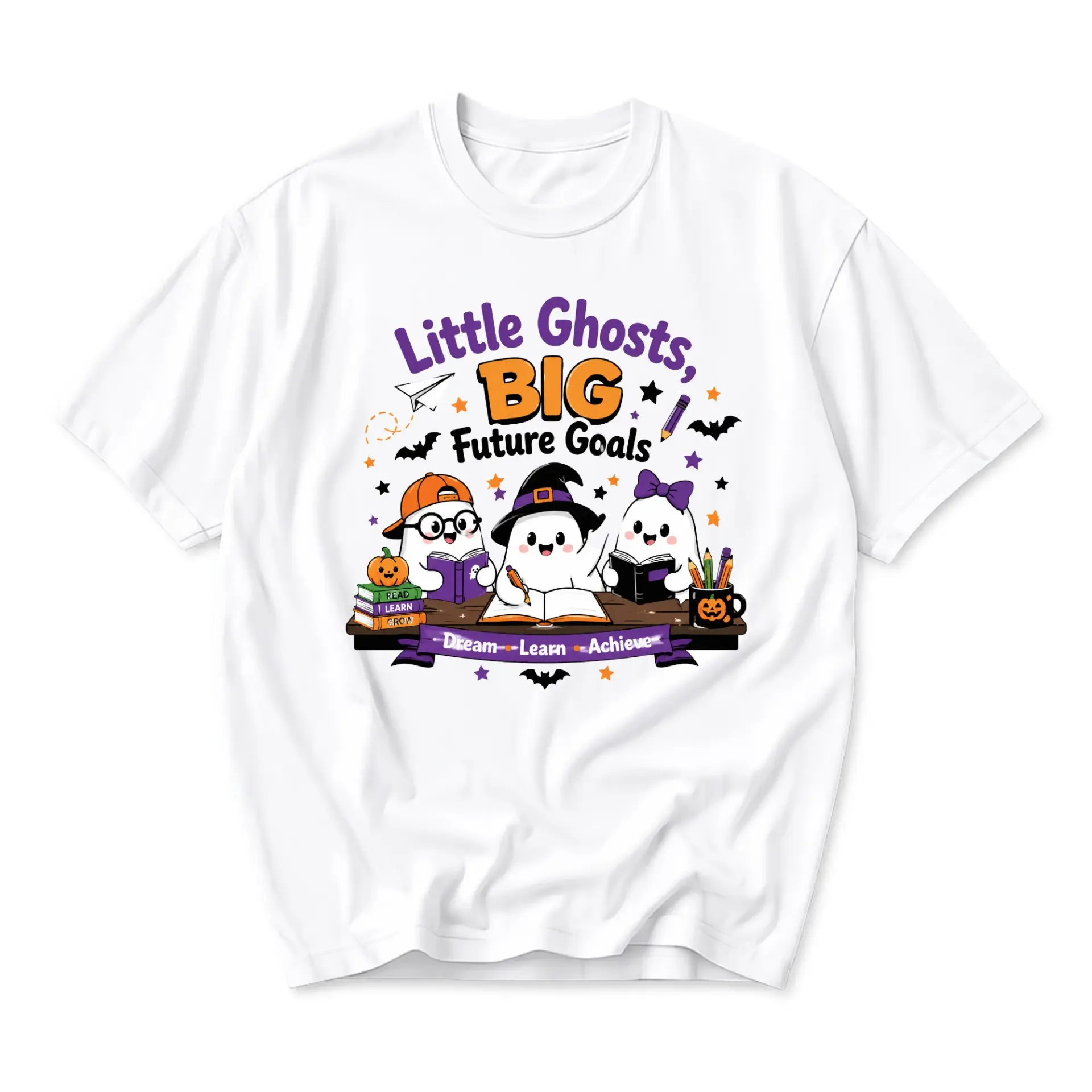Graphic Tee Little Ghosts Big Future Goals Inspirational Halloween Shirt Casual Unisex Crew Neck Short Sleeve Top