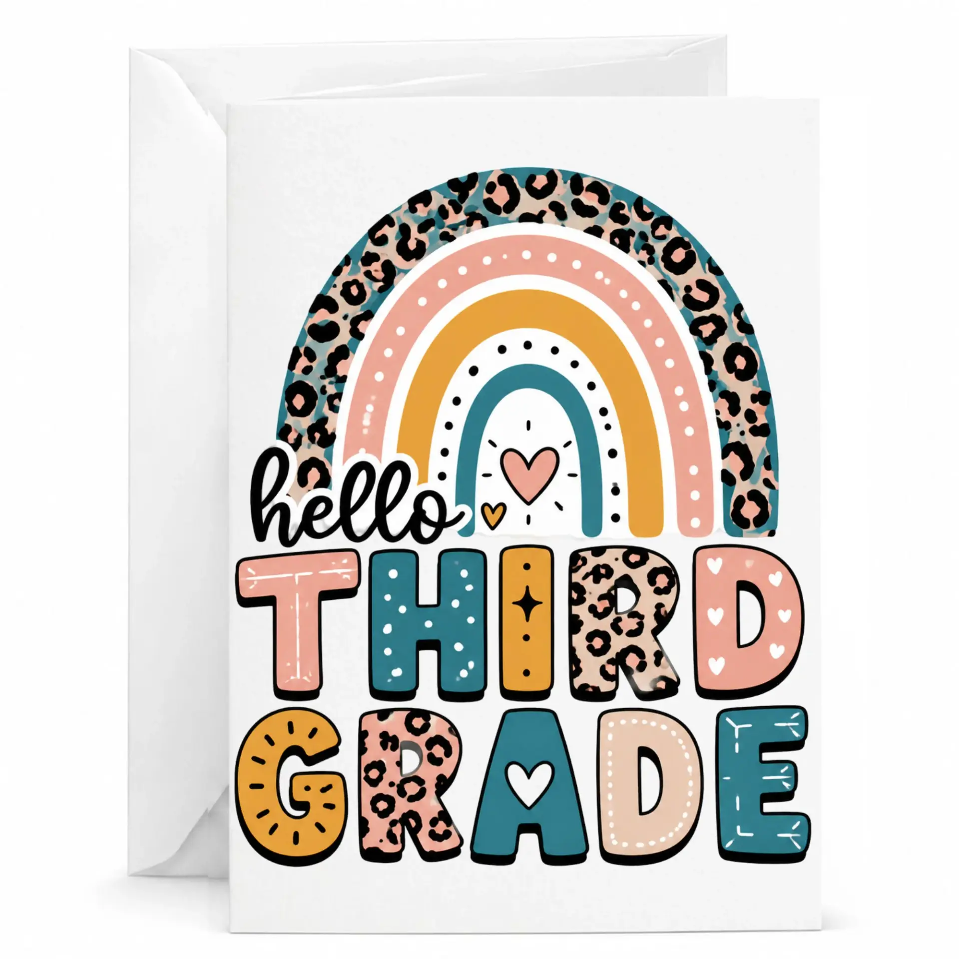 Greeting Card Hello Third Design Featuring Colorful Rainbow and Leopard Print Aesthetic for Academic Celebrations