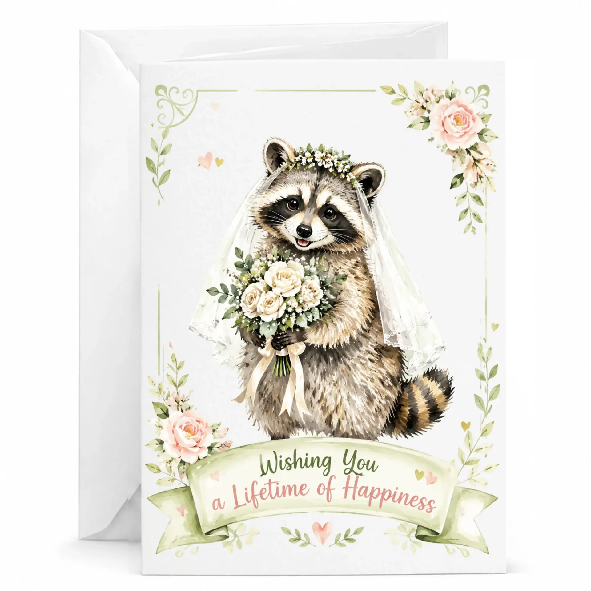 Greeting Card Wishing You a Lifetime of Happiness with Whimsical Raccoon Bride Illustration and Floral