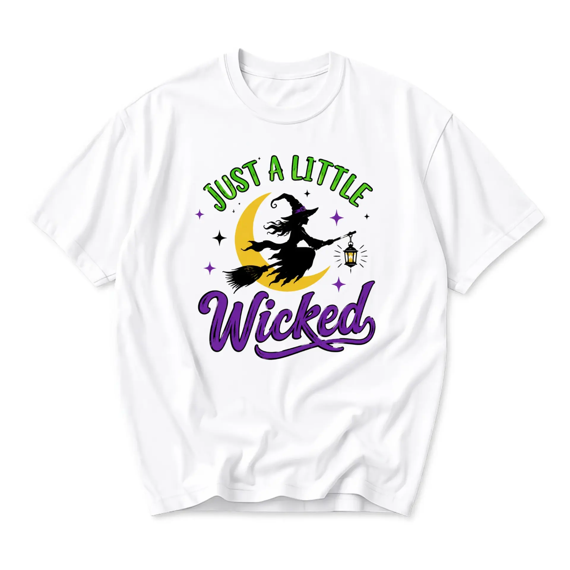 Graphic Tee Just a Little Wicked Witch Flying on Broomstick Design Unisex Crew Neck Short Sleeve Casual Fashion Shirt