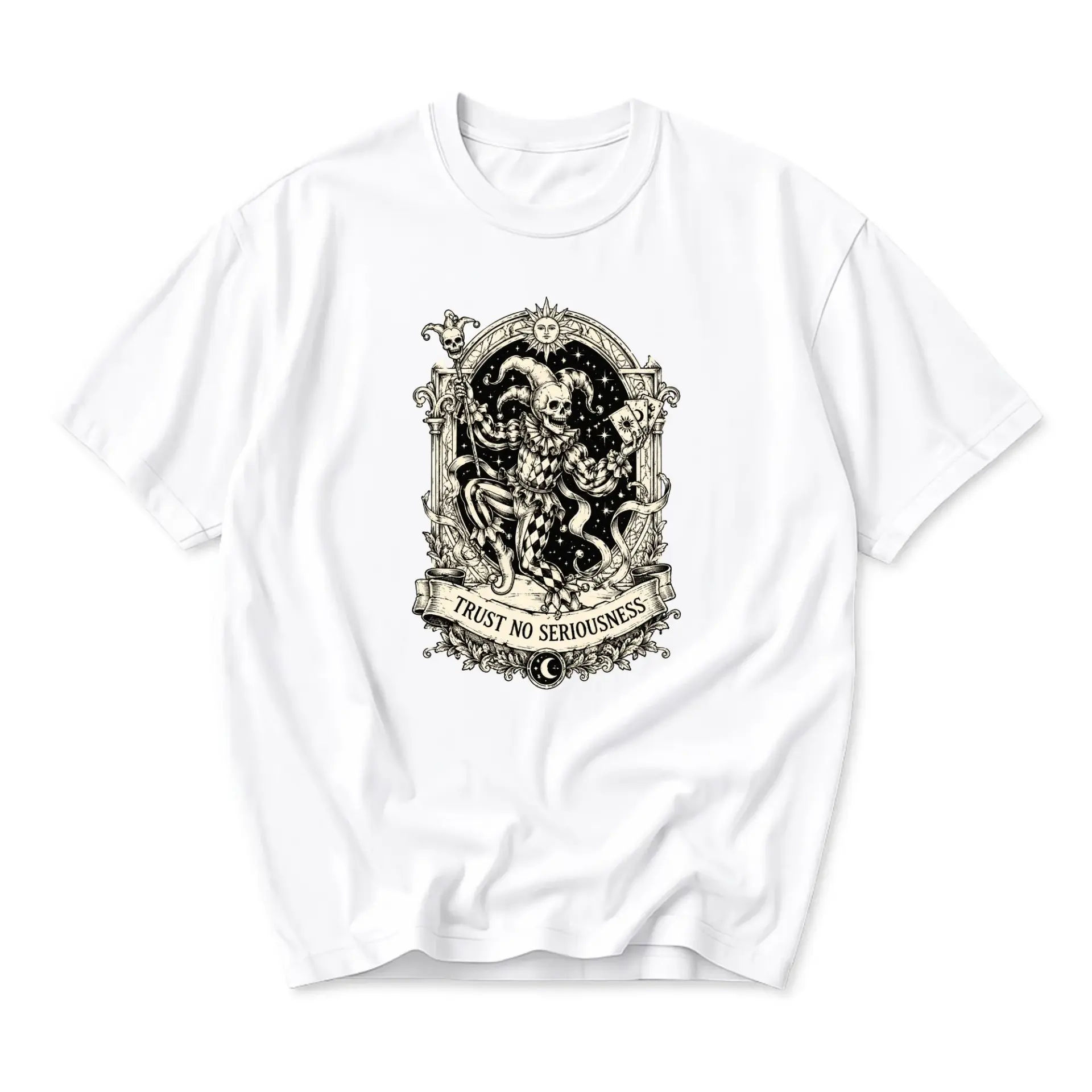 Graphic Tee Trust No Seriousness Skull Jester Tarot Card Style Print Unisex Casual Short Sleeve Crew Neck T-Shirt