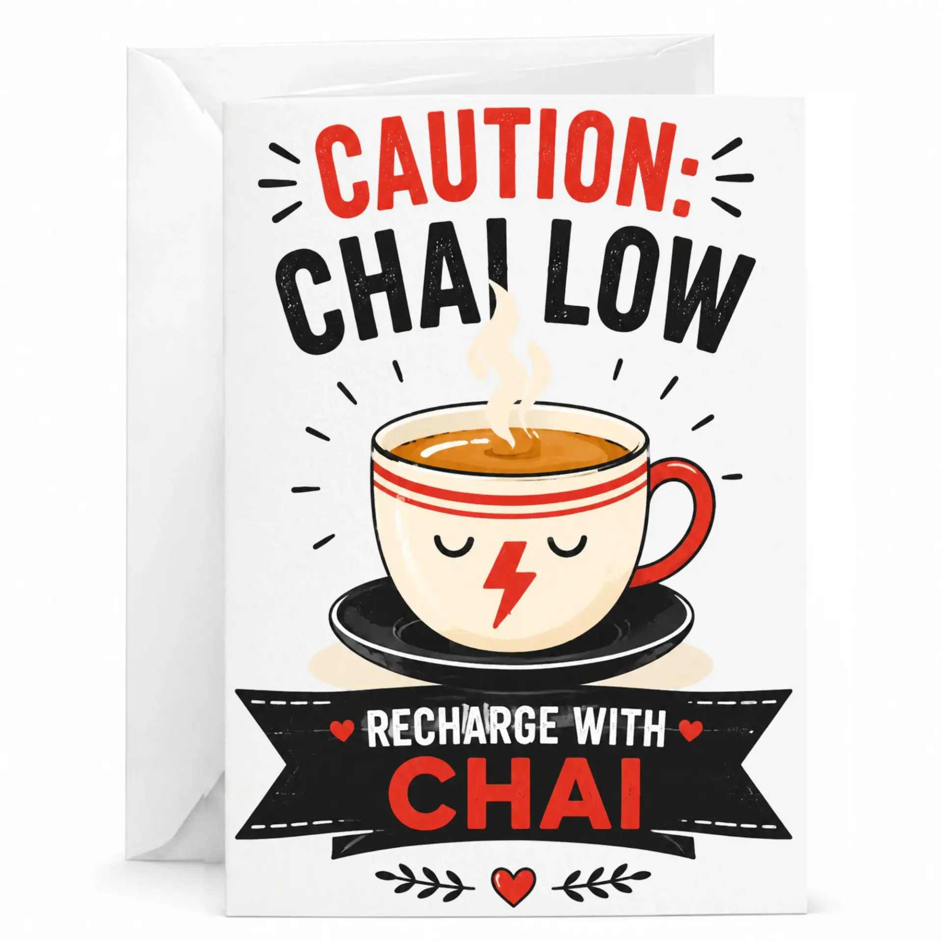 Funny Chai Tea Greeting Card Caution Low with Pun Design for Lovers Friends and Coworkers