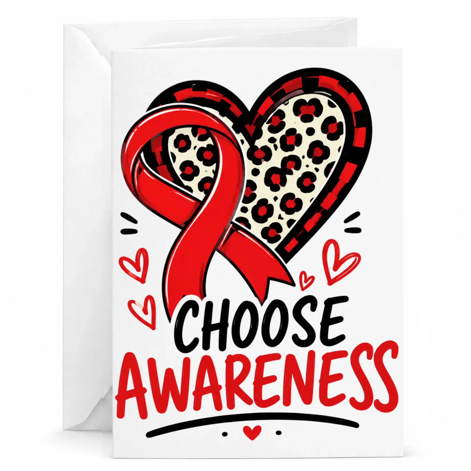 Greeting Card Choose Awareness Red Ribbon Heart Design for Supportive Notes and Inspirational Occasions 5x7 Inches