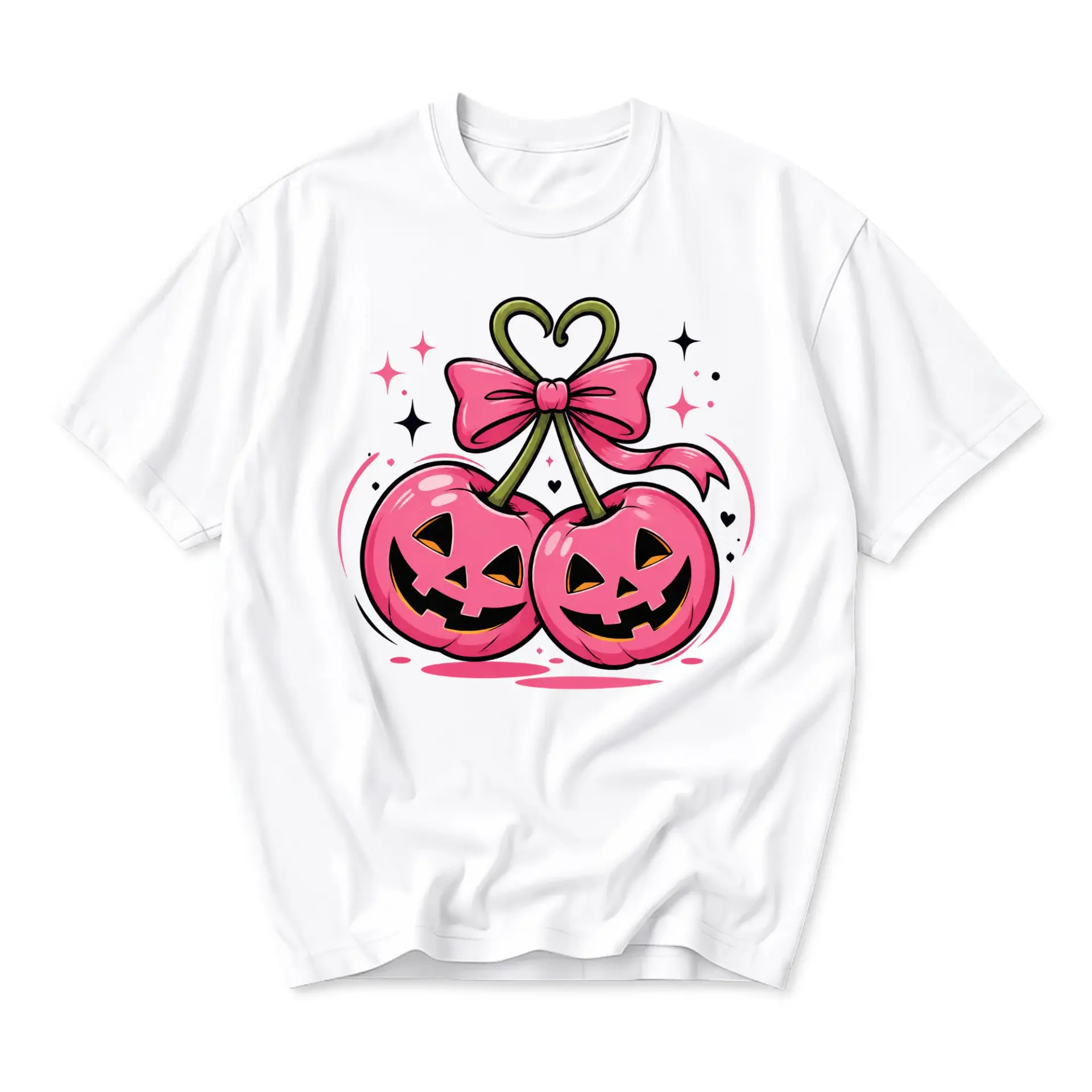 Graphic Tee Pink Halloween Cherry Jack-O-Lantern Design Unisex Cotton Crew-Neck Short Sleeve Casual Everyday Outfit Shirt