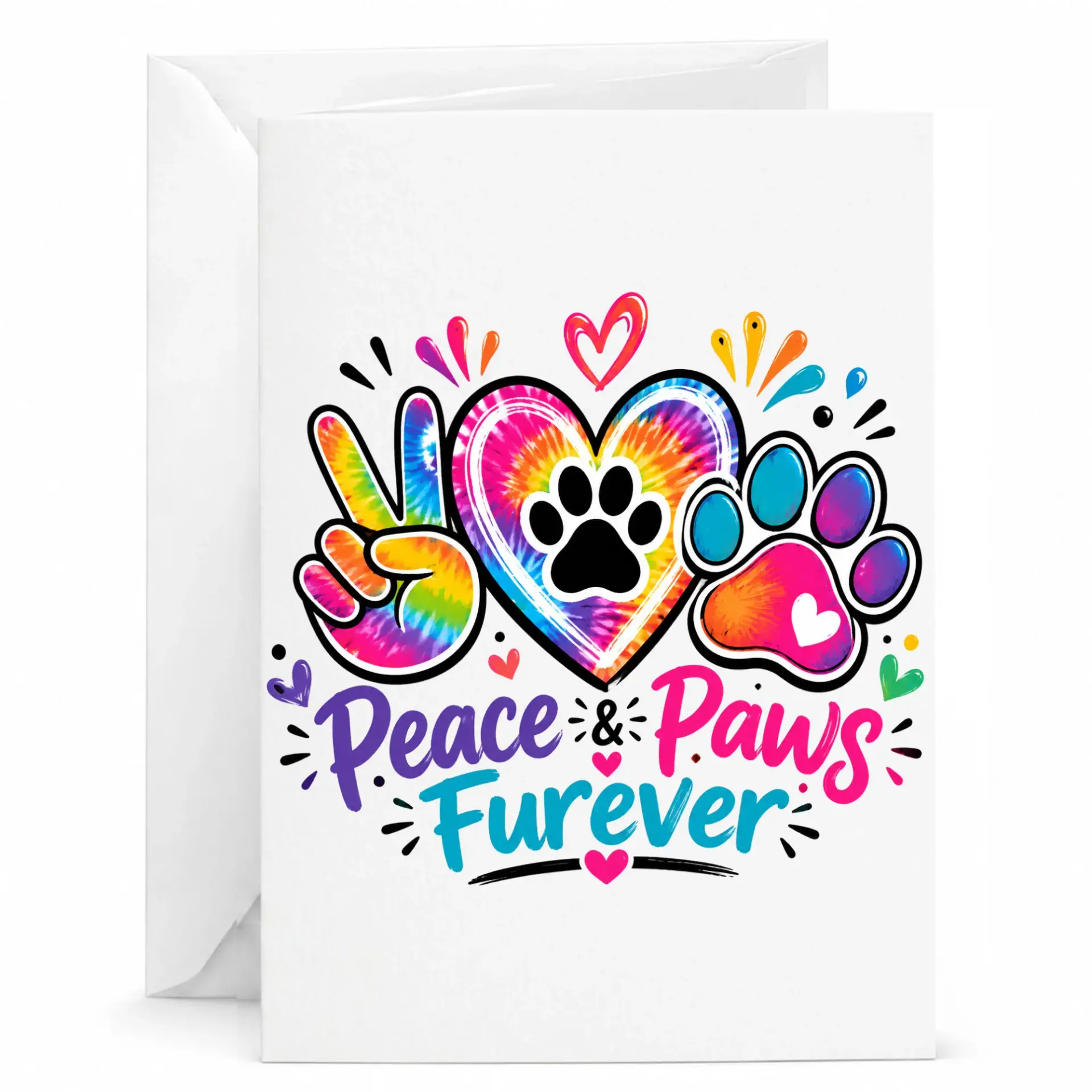 Peace and Paws Furever Greeting Card Funny Pet Lover Note Card with Tie Dye Heart Design for Any Occasion