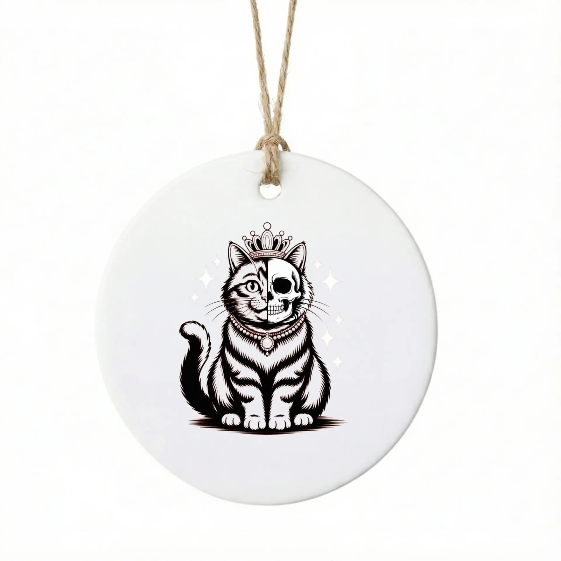 Christmas Ornament Ceramic Cat Queen Skull Design Decorative Holiday Hanging Keepsake Round White Glossy Gift