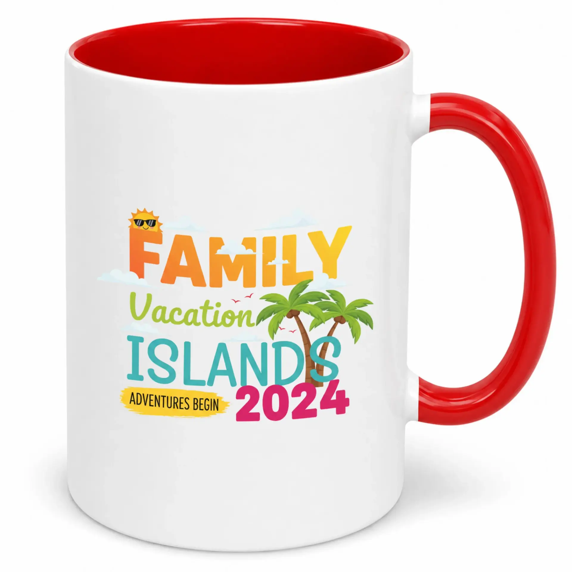 Family Vacation Islands Adventures 2024 Ceramic Coffee Mug with Red Handle and Interior for Hot Beverages
