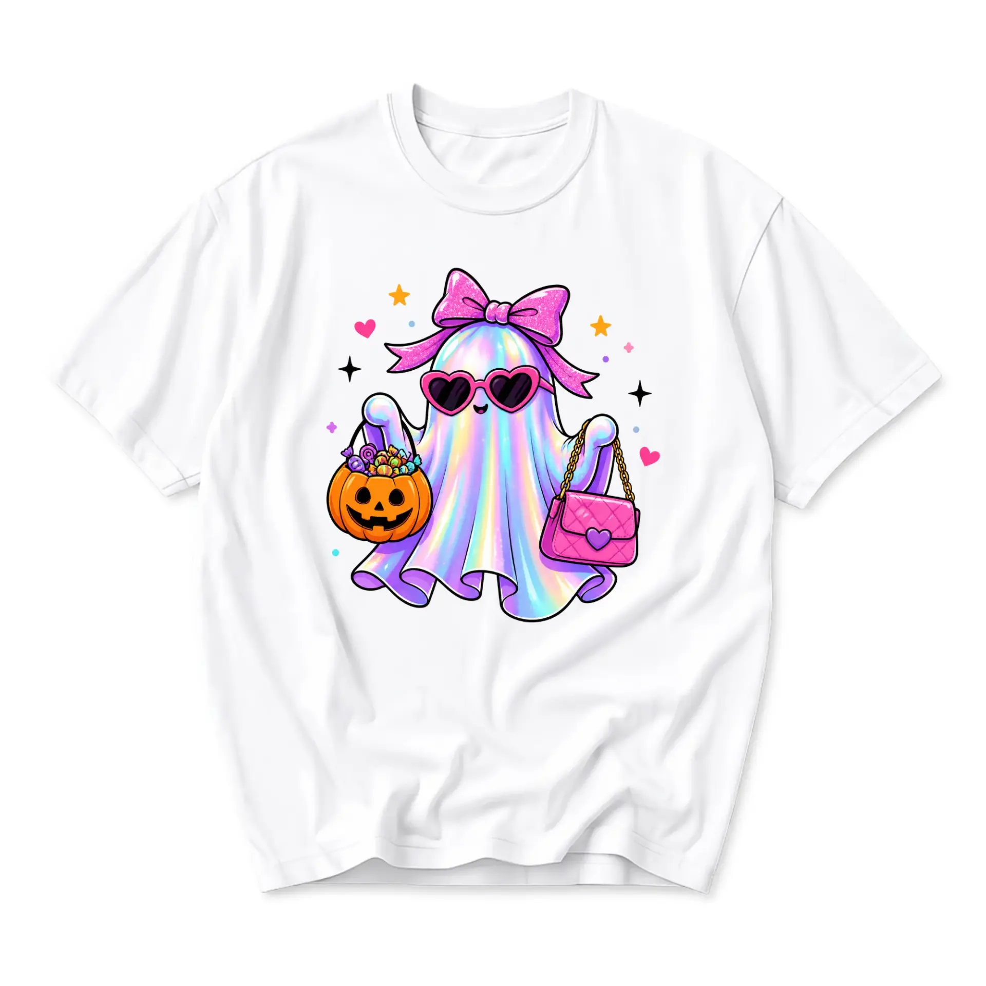 Graphic Tee Unisex Crew Neck Short Sleeve Shirt Featuring Cute Holographic Ghost Wearing Pink Bow and Heart Glasses