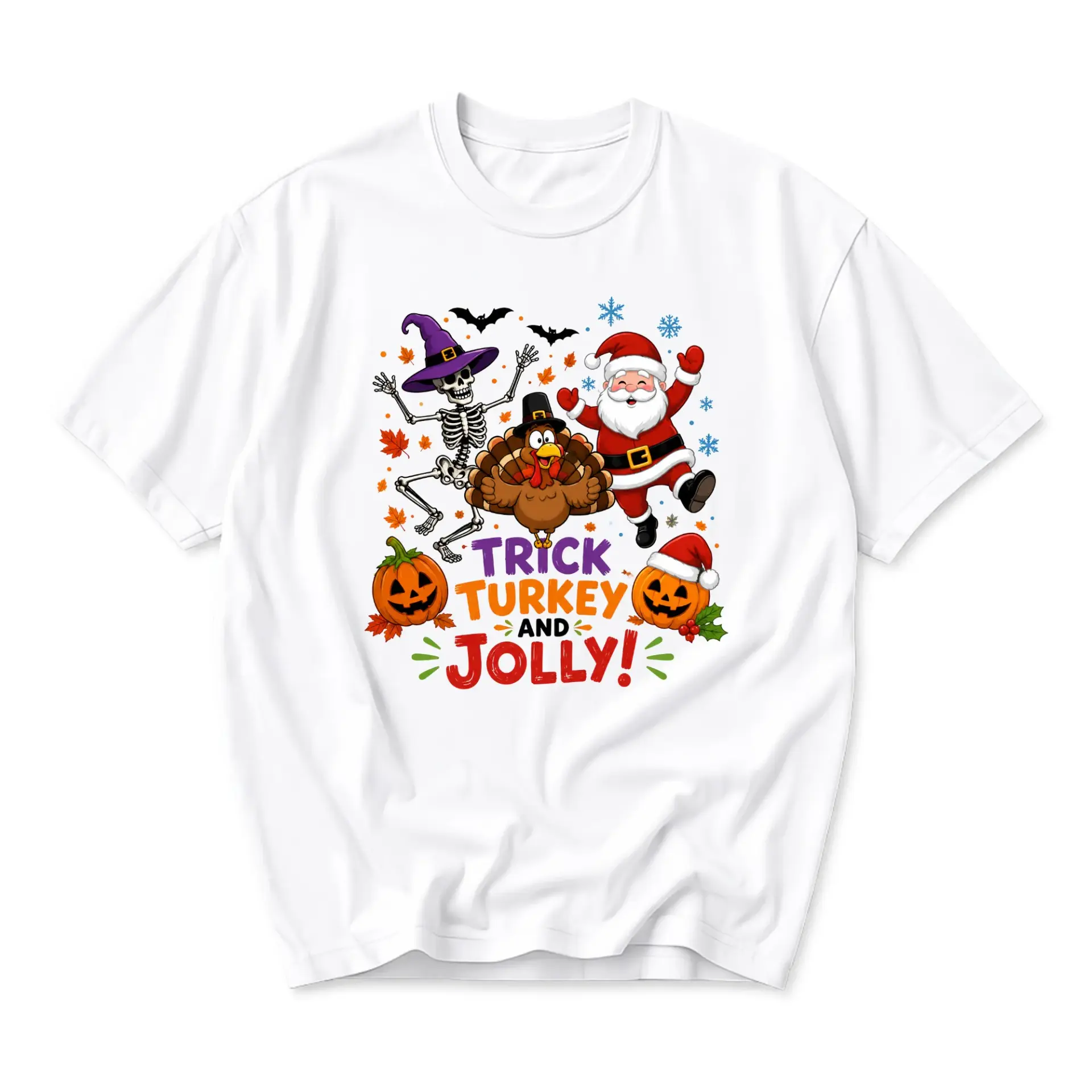 Funny Shirt Trick Turkey and Jolly Graphic Tee Holiday Seasonal Humor Unisex Crew Neck Casual Cotton Blend Apparel