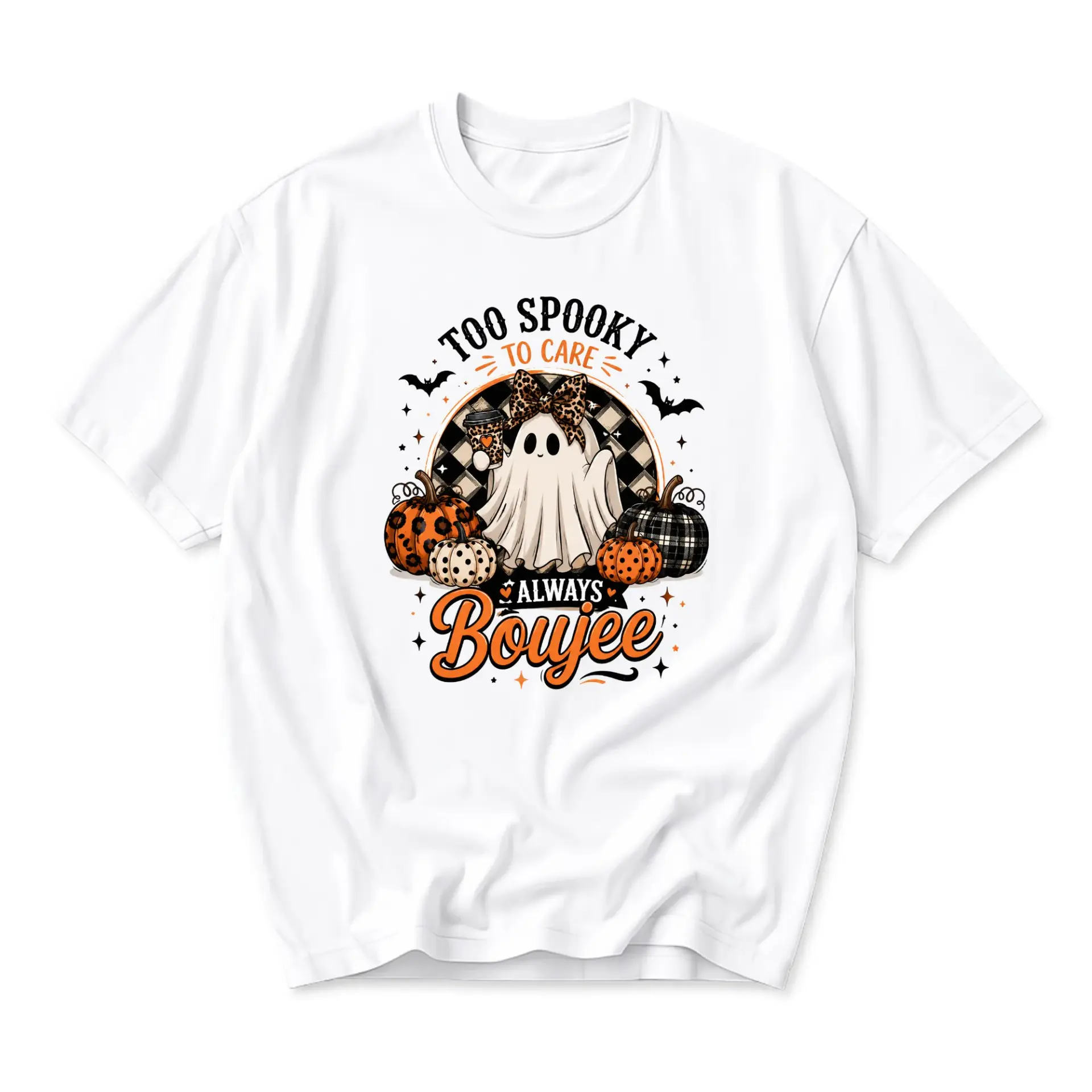 Funny Shirt Too Spooky to Care Always Boujee Ghost Pumpkin Graphic Tee Unisex Casual Fall Holiday Crew Neck Top