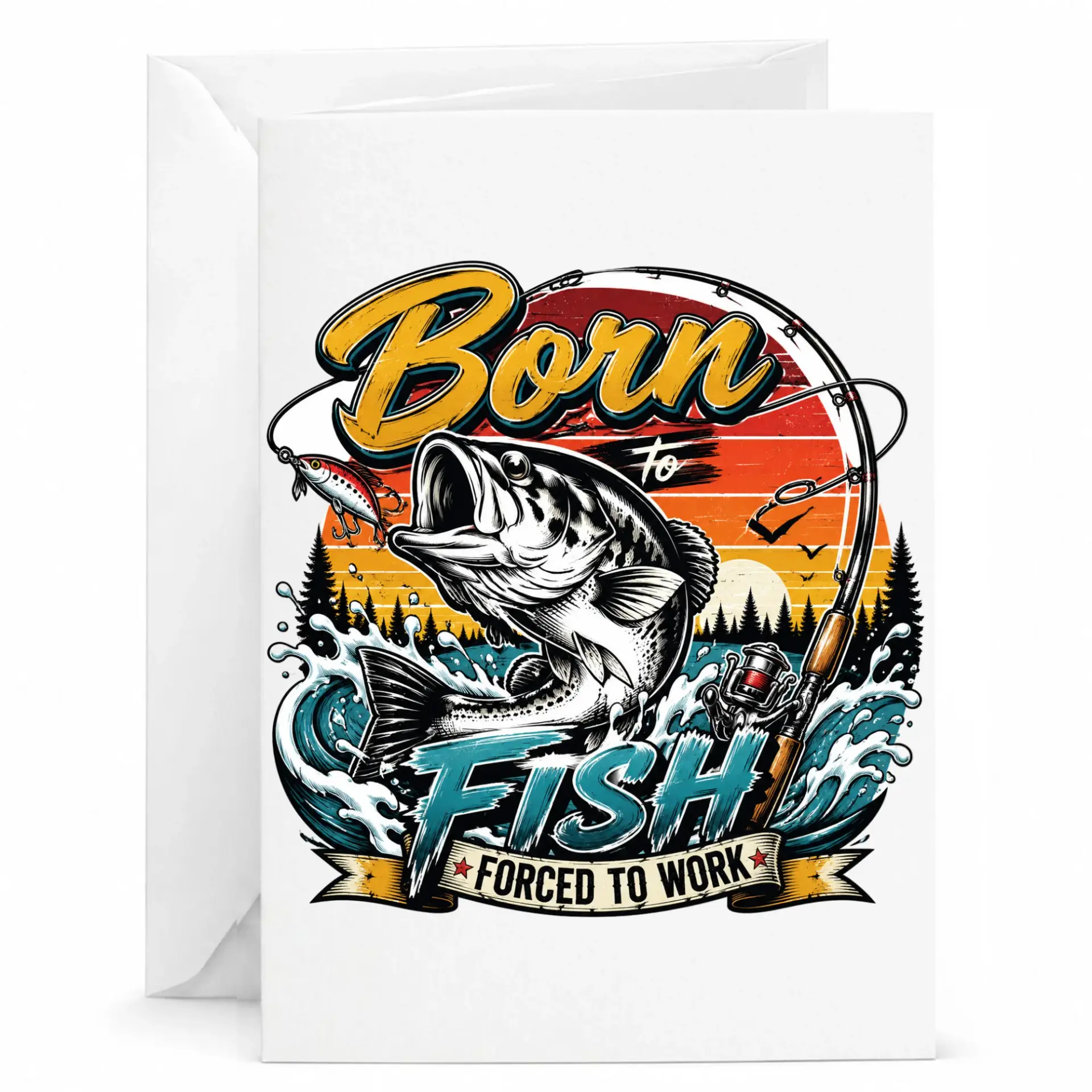 Funny Fishing Greeting Card Born to Fish Forced to Work Design for Outdoor Enthusiasts and Anglers 5x7 Inches