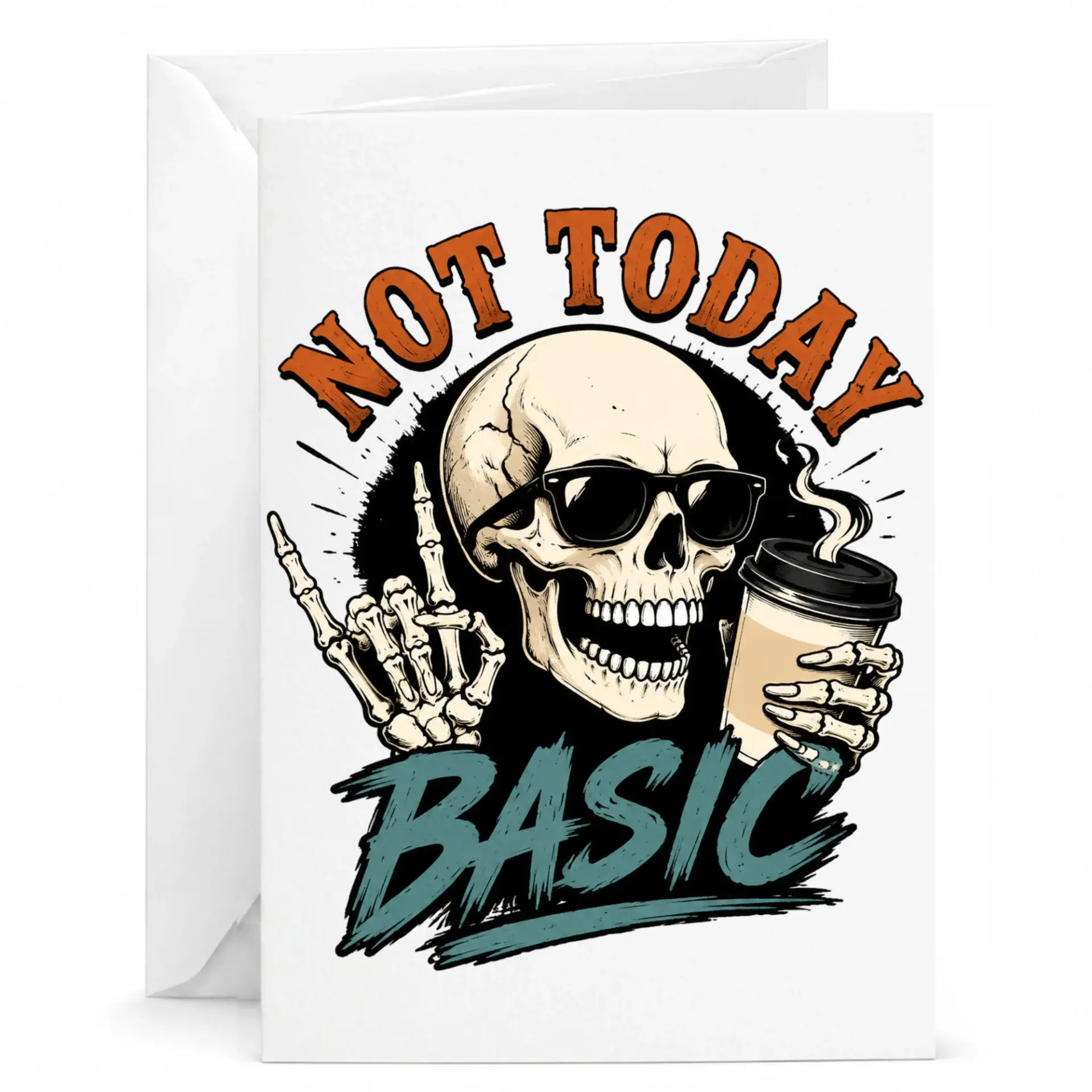 Funny Greeting Card Not Today Skull Design with Coffee Cup Illustration Premium Stationery for Multiple Occasions