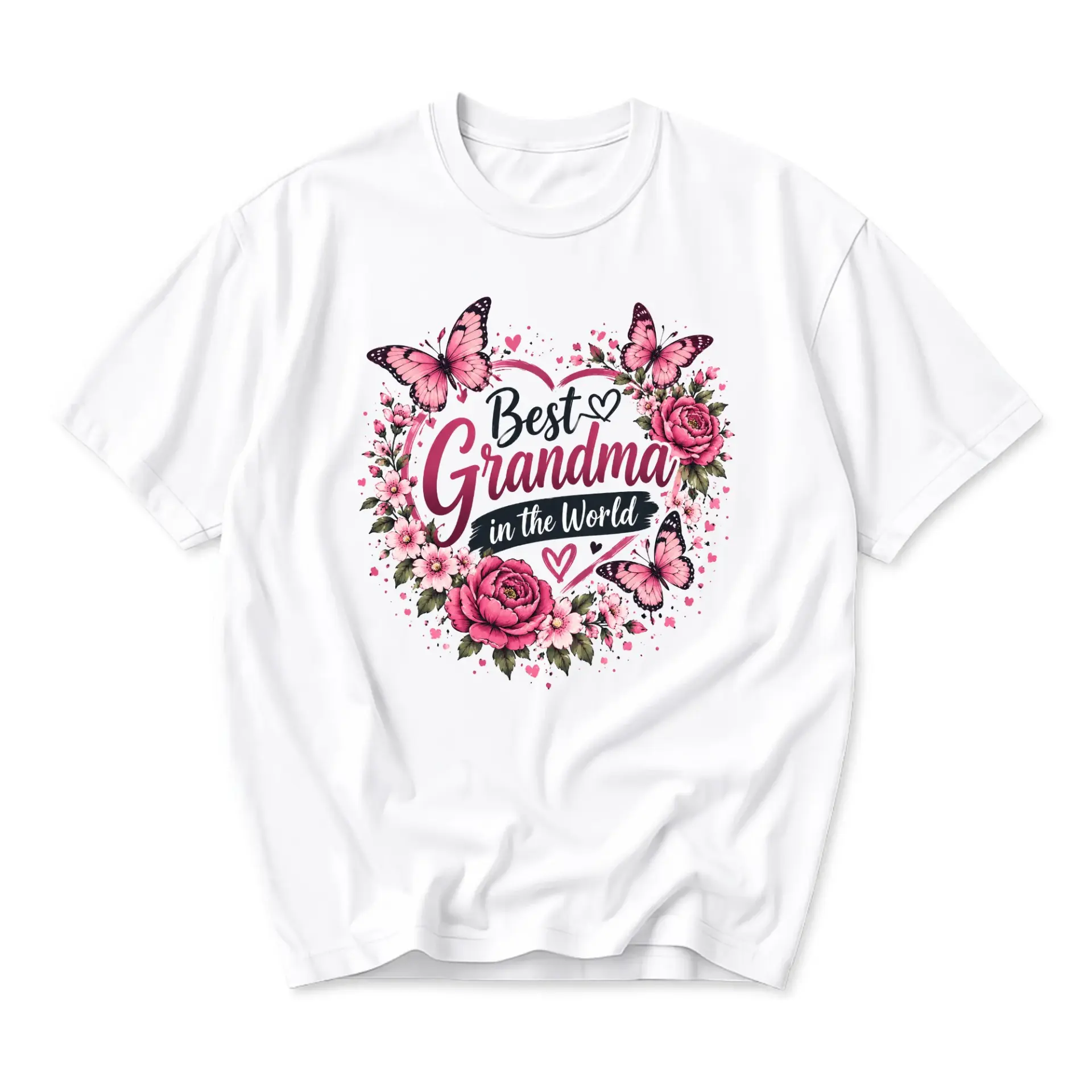 Graphic Tee Best Grandma in the World Floral Butterfly Design Unisex Crew Neck Short Sleeve Casual Cotton T-Shirt