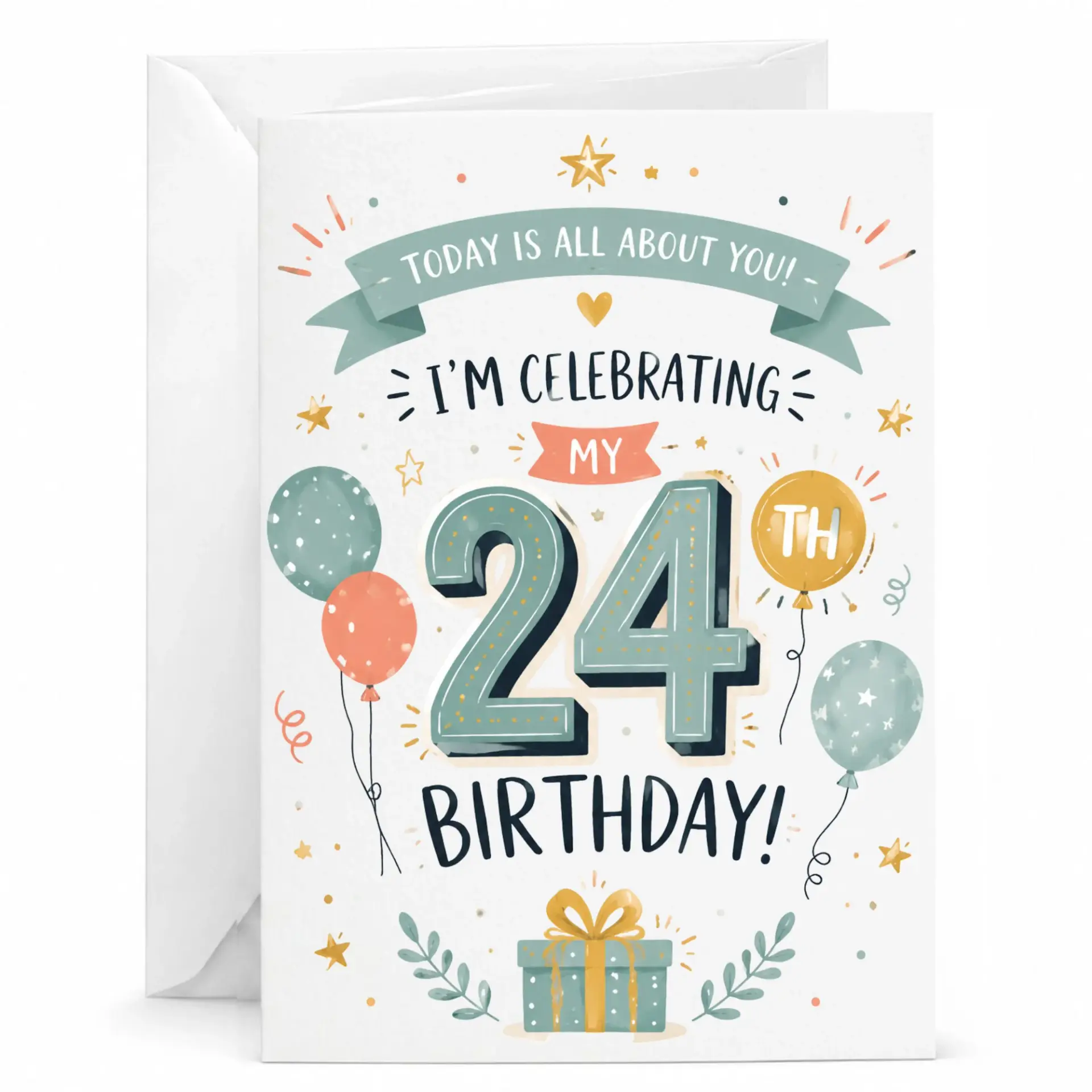 Birthday Card for 24th Birthday Celebration with Balloon and Gift Box Design on Premium Heavyweight Folded Greeting Card