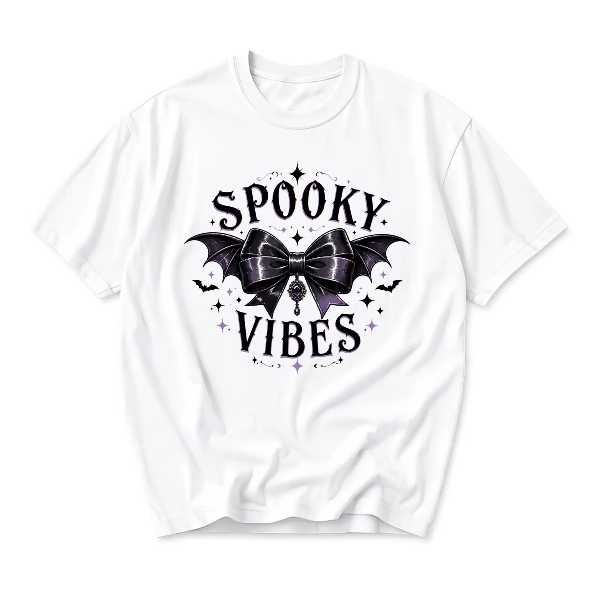 Graphic Tee Spooky Vibes Bat Bow Shirt Unisex Crew Neck Cotton Blend Casual Short Sleeve Apparel for Everyday Outfits