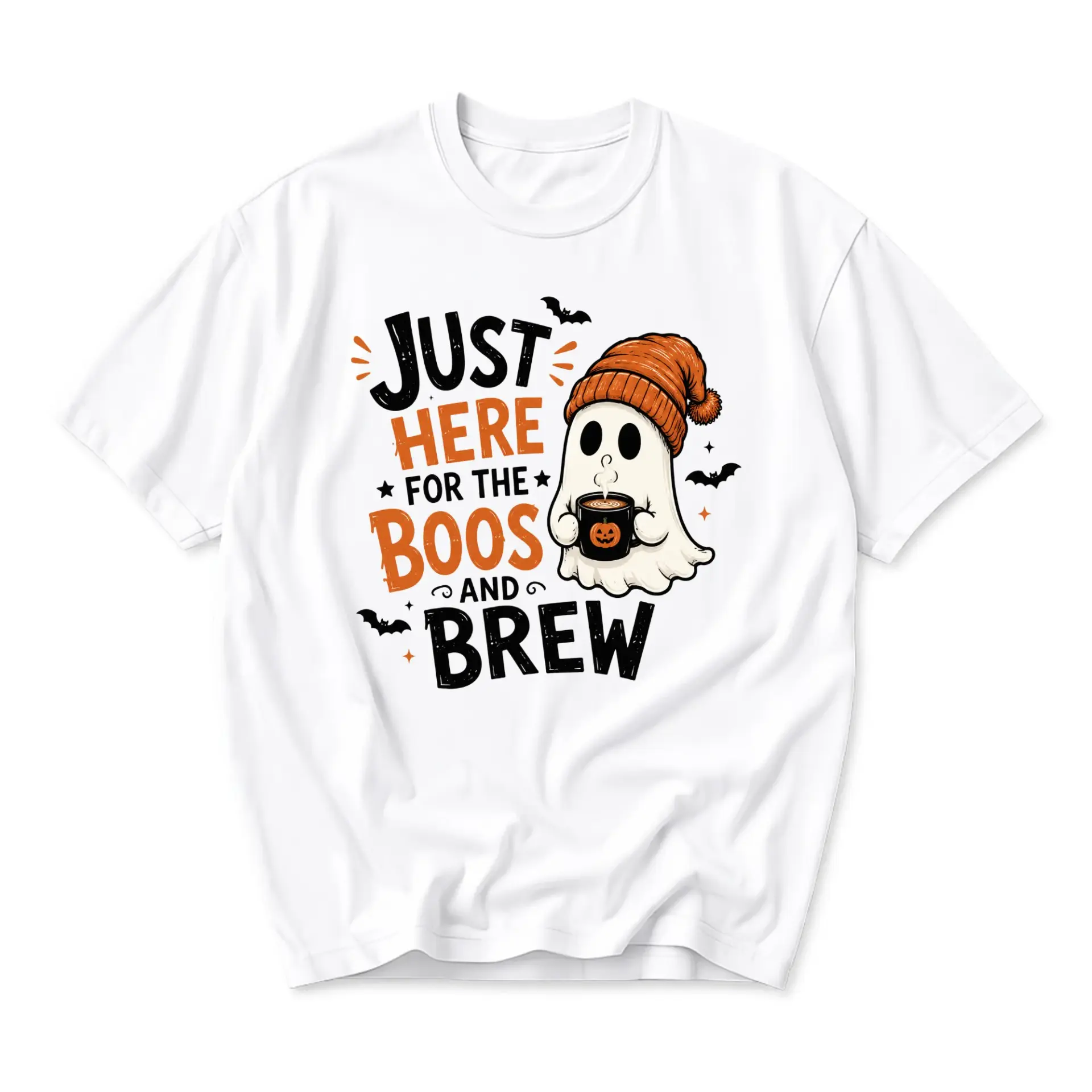 Funny Shirt Just Here for the Boos and Brew Ghost Graphic Tee Unisex Crew Neck Casual Everyday Halloween Apparel