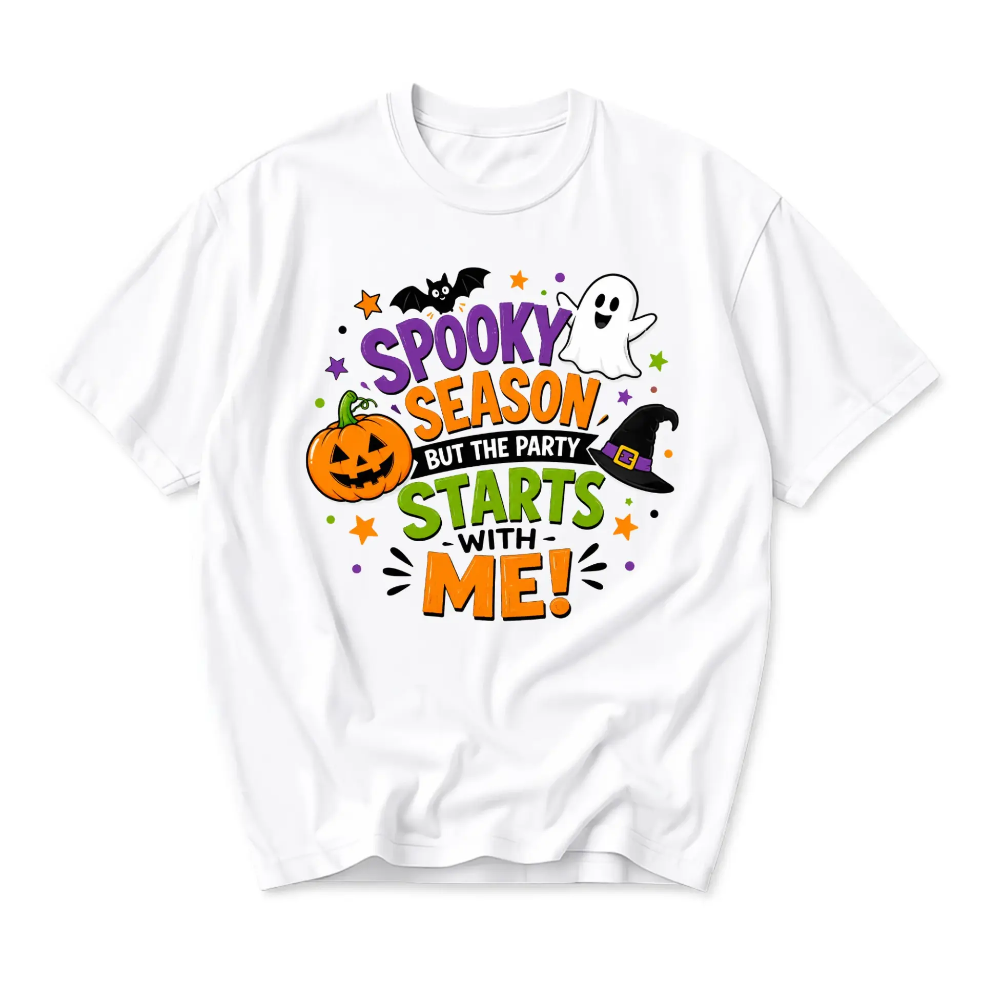 Funny Shirt Spooky Season but the Party Starts with Me Graphic Tee Unisex Casual Apparel Fall Holiday Crew Neck Top