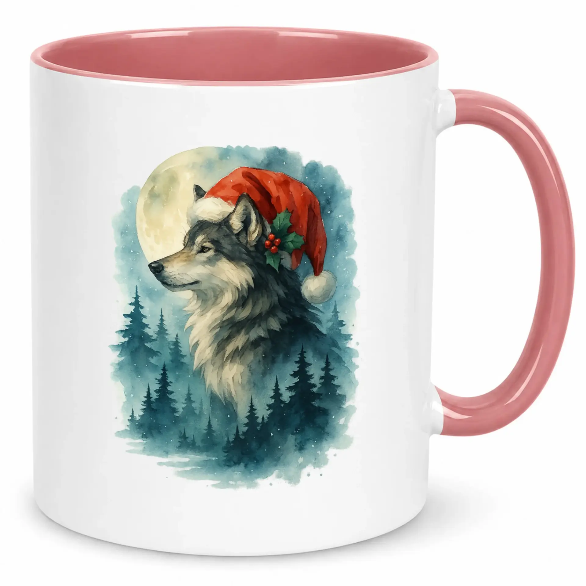 Christmas Wolf Ceramic Coffee Mug with Santa Hat Design, Winter Forest Animal Art Print 11oz or 15oz Glossy Beverage Cup for Holiday Season Gift