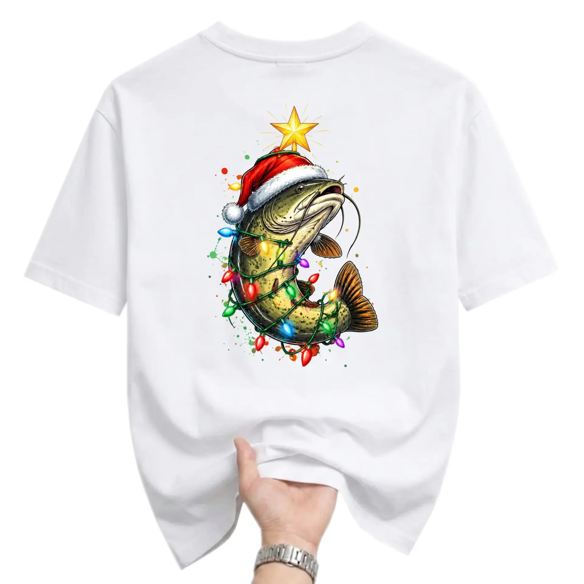 T-shirt Fishing Christmas Theme Unisex Graphic Tee Featuring a Festive Catfish Wrapped in Colorful Holiday Lights