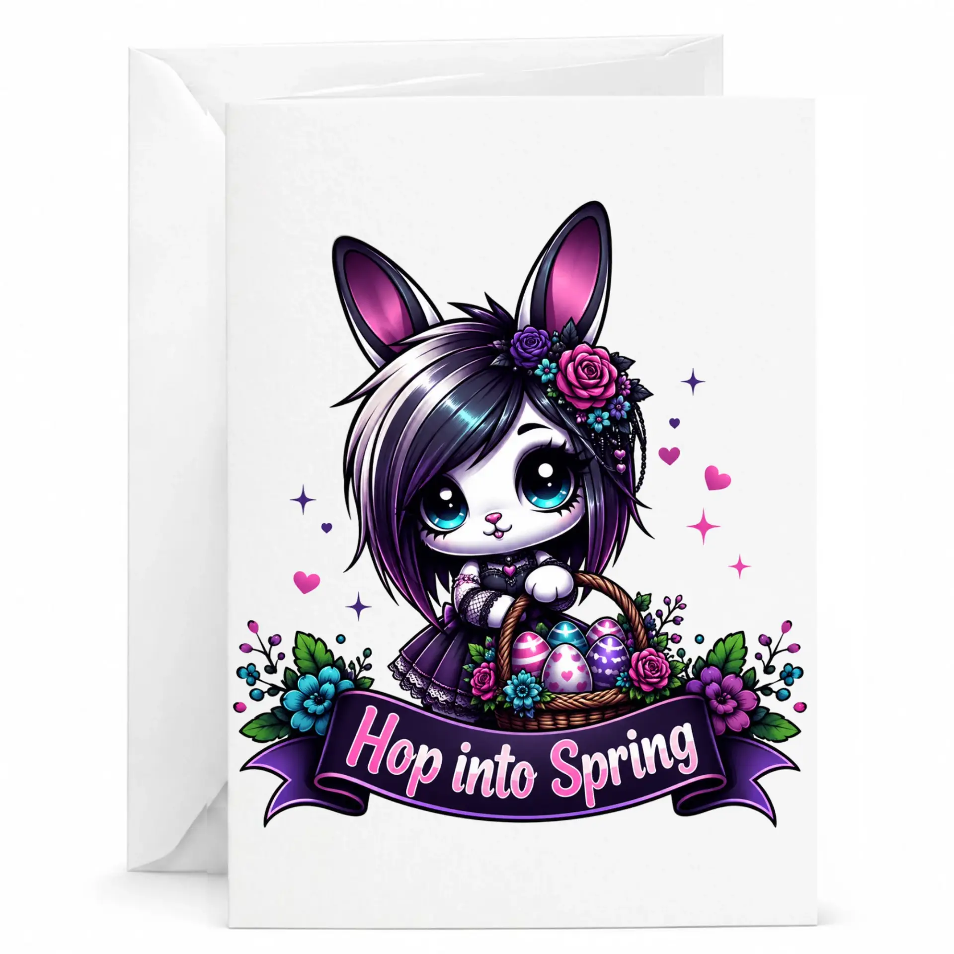 Greeting Card Hop into Spring Bunny Illustration Featuring Whimsical Gothic Style Aesthetic with Floral Accents