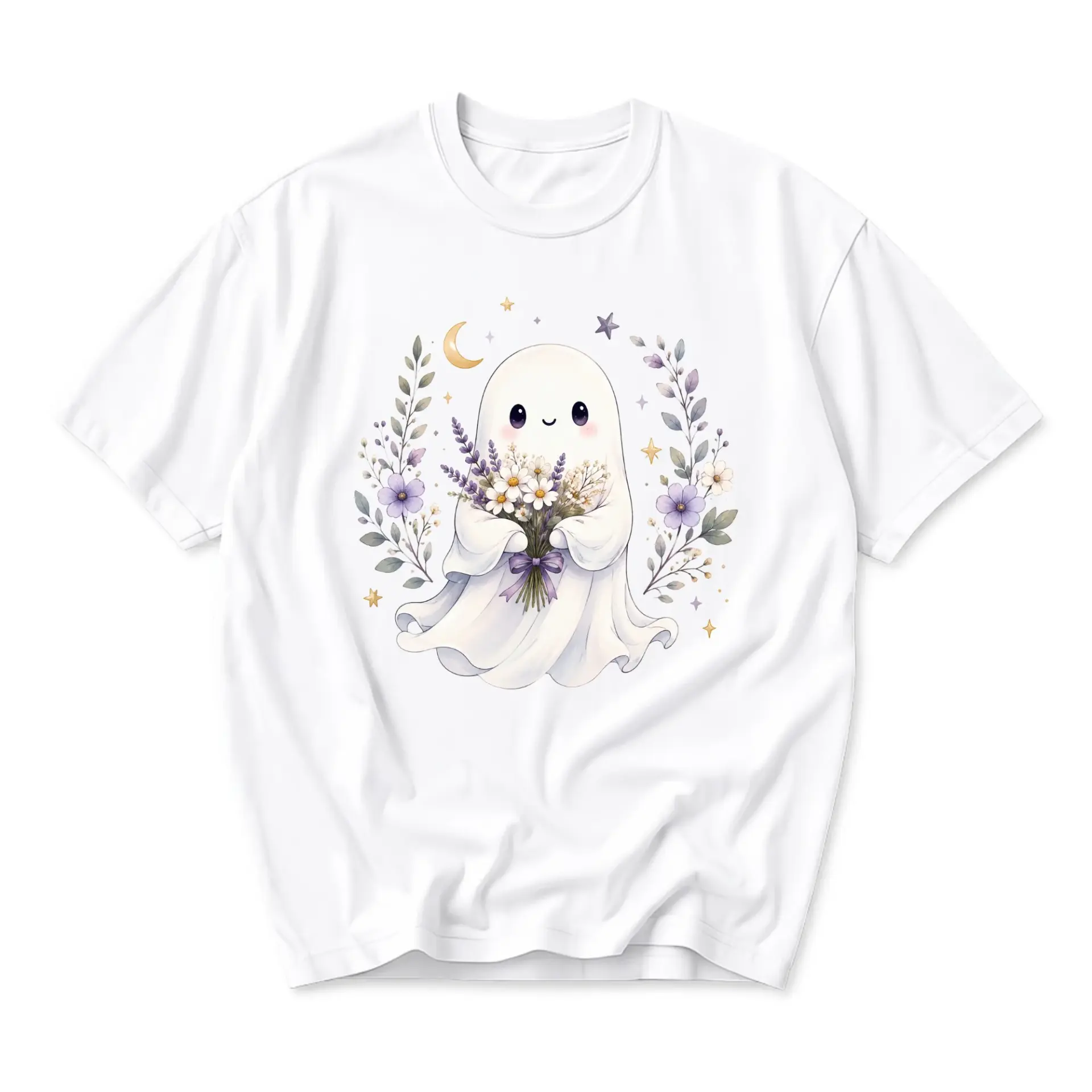 Graphic Tee Unisex Crew Neck T-Shirt Featuring a Cute Ghost Holding a Floral Bouquet Illustration in Soft Pastel Tones
