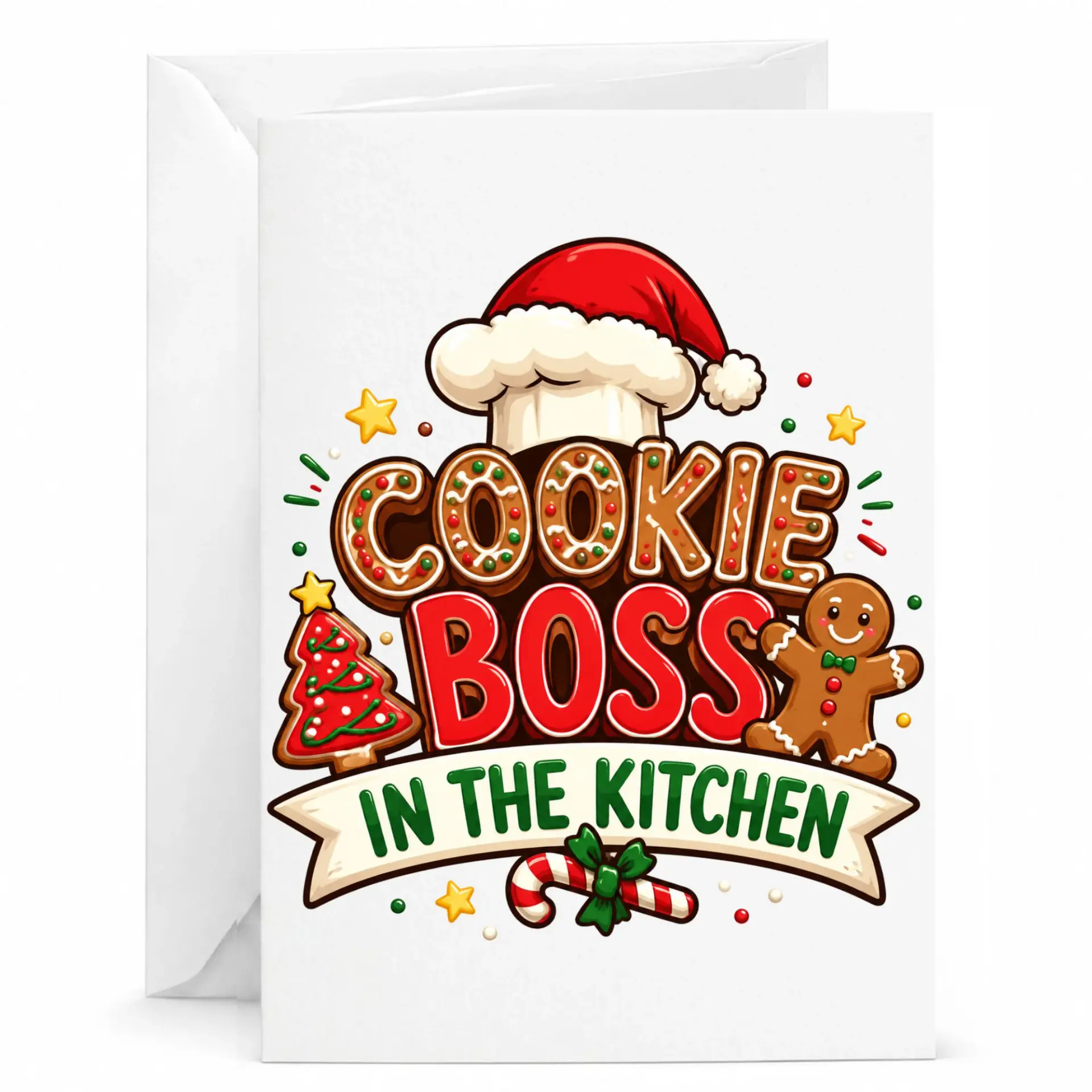 Funny Cookie Boss in the Kitchen Holiday Greeting Card, Festive Gingerbread Baker Christmas Stationery Note Card
