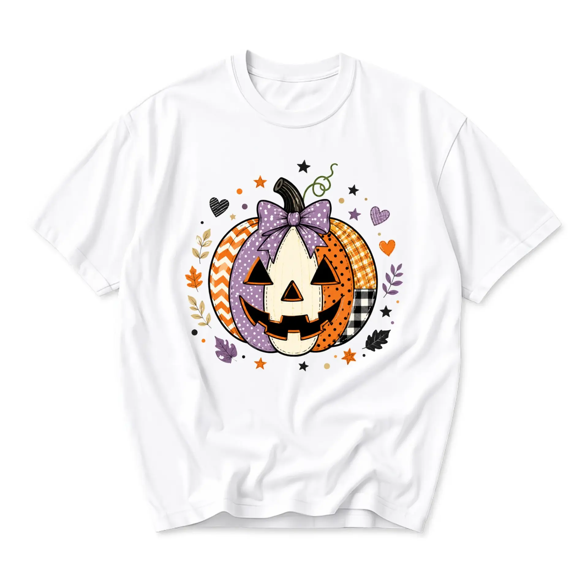 Graphic Tee Pumpkin with Purple Bow Design Fall Theme Unisex Crew Neck Casual Everyday Short Sleeve Shirt
