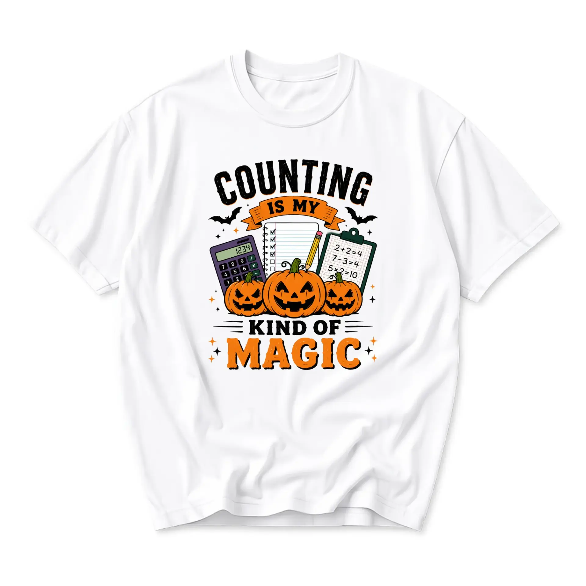 Funny Shirt Counting Is My Kind of Magic Pumpkin Math Graphic Tee Unisex Casual Short Sleeve Crew Neck Cotton Top