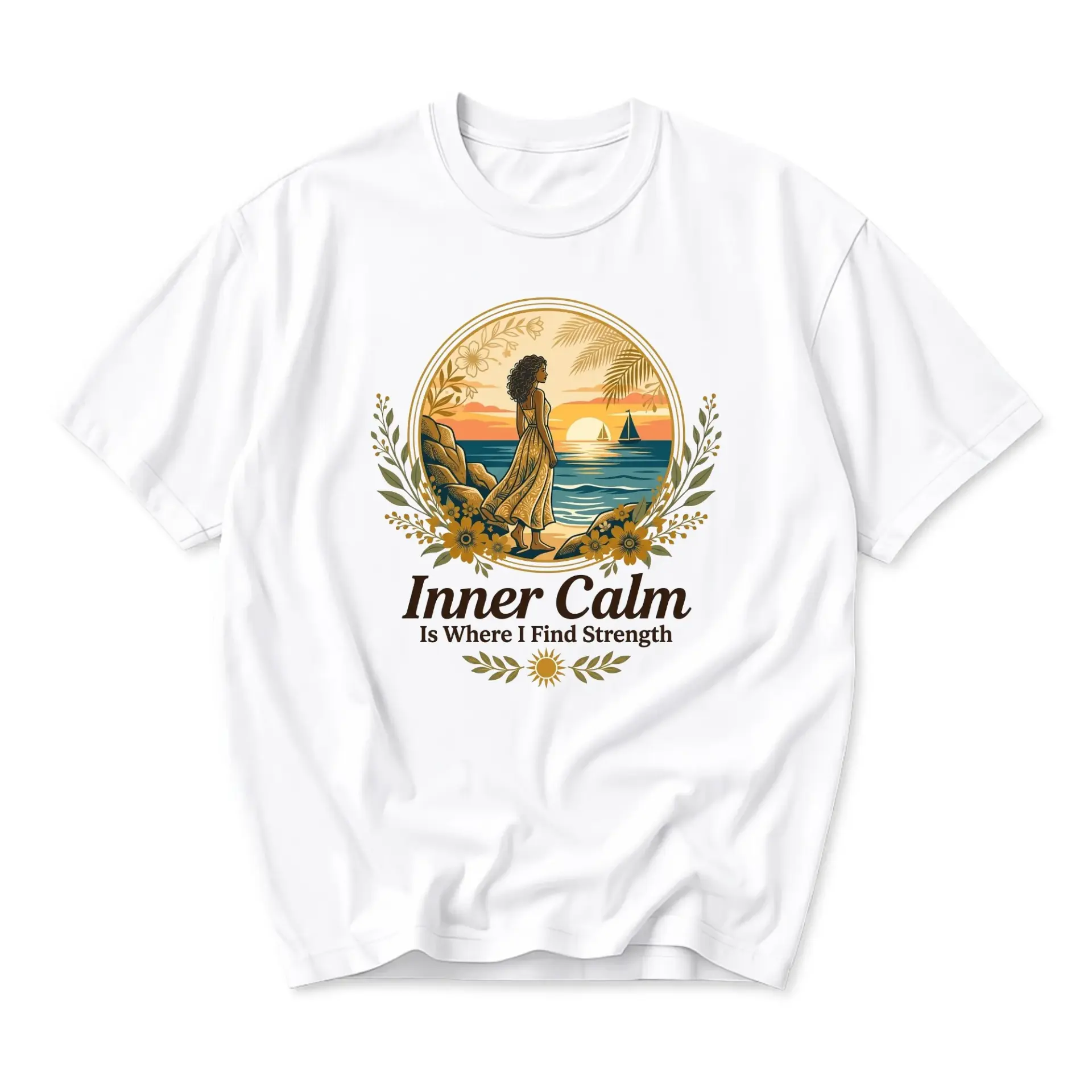 Graphic Tee Inner Calm Beach Sunset Illustration Unisex Crew Neck Soft Cotton Casual Everyday Statement Apparel