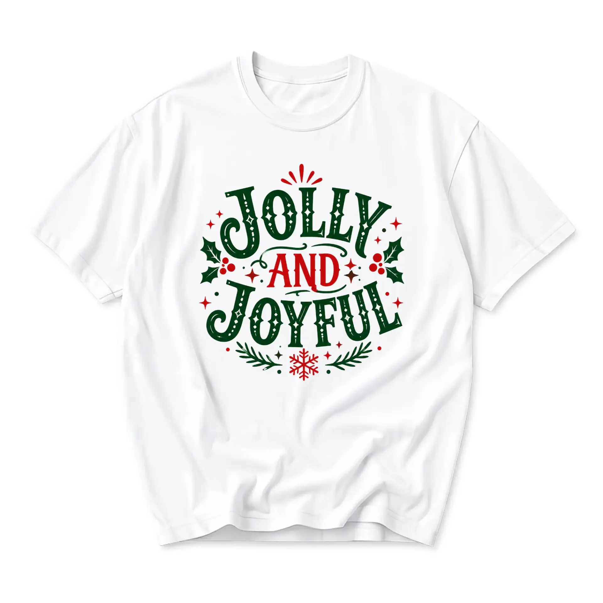 Graphic Tee Jolly and Joyful Holiday Quote Unisex Crew Neck Short Sleeve Shirt for Casual Winter Festive Wear
